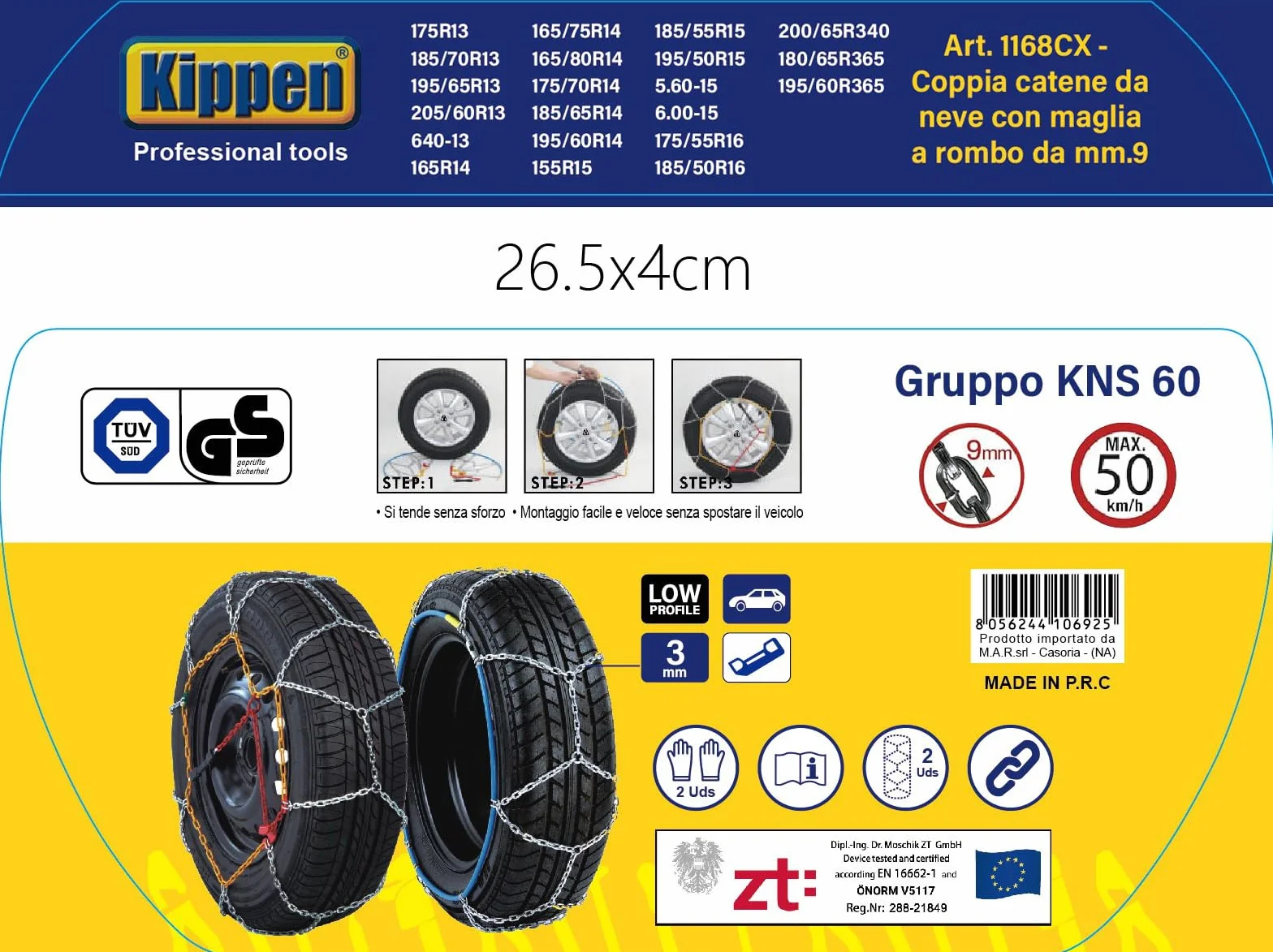Kippen 1168CX - Coppia Catene da Neve con Maglia a Rombo da 9 mm - Gruppo KNS 60