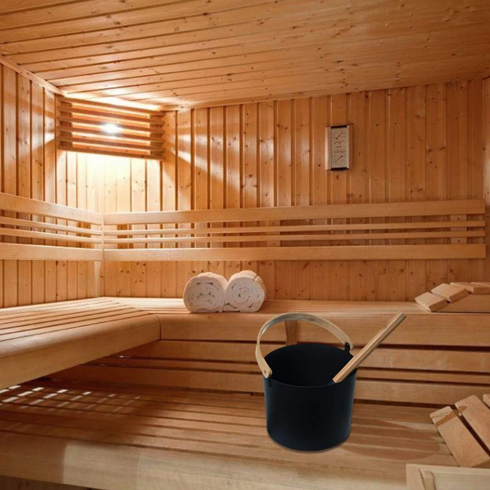 Sauna in Alluminio 7 l Nero con Manico Lungo e Cucchiaio in Legno