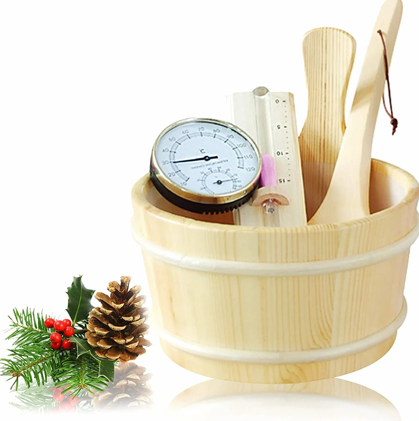 Secchio Sauna 4L Set Completo con Mestolo Legno Pino Finlandese Termometro Igrometro Clessidra