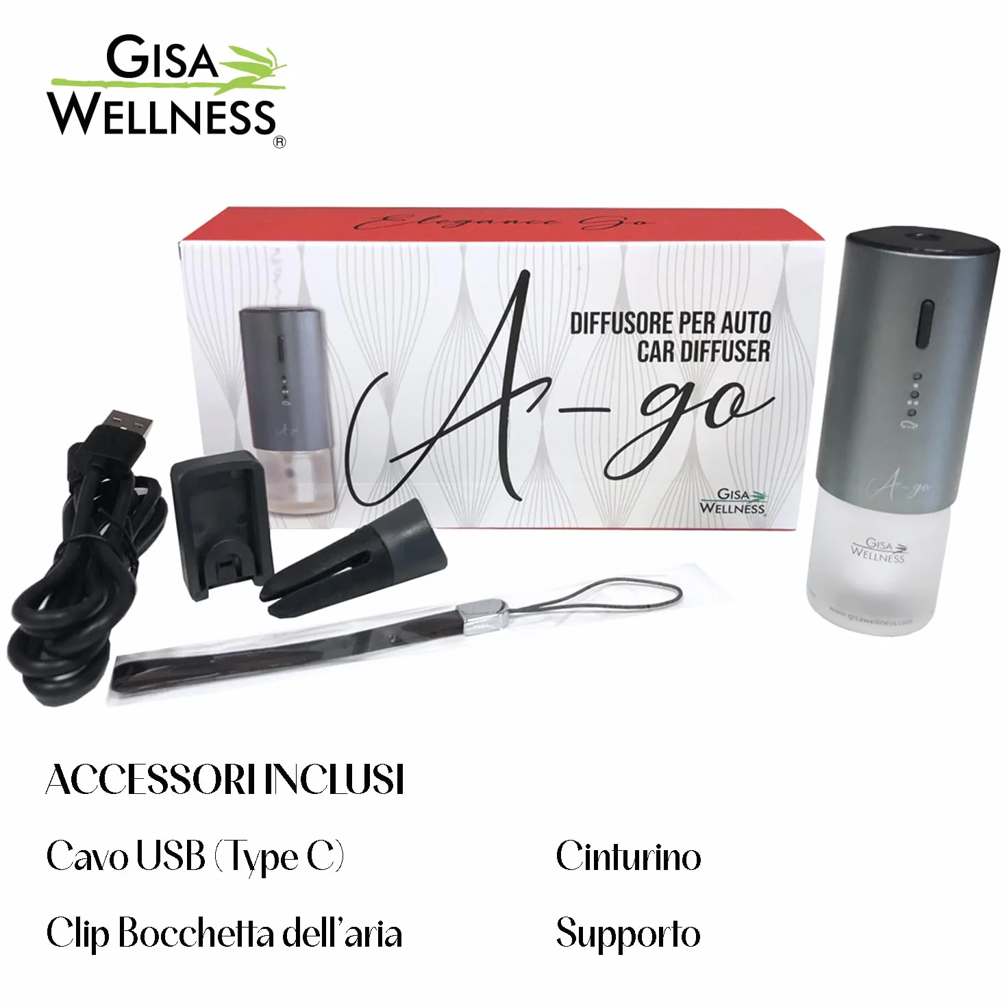 Gisa Wellness A-GO ELEGANCE Diffusore per Auto 12 ml con Batteria Ricaricabile Fragranza Agrumata Oli Essenziali Tecnologia Vibration System