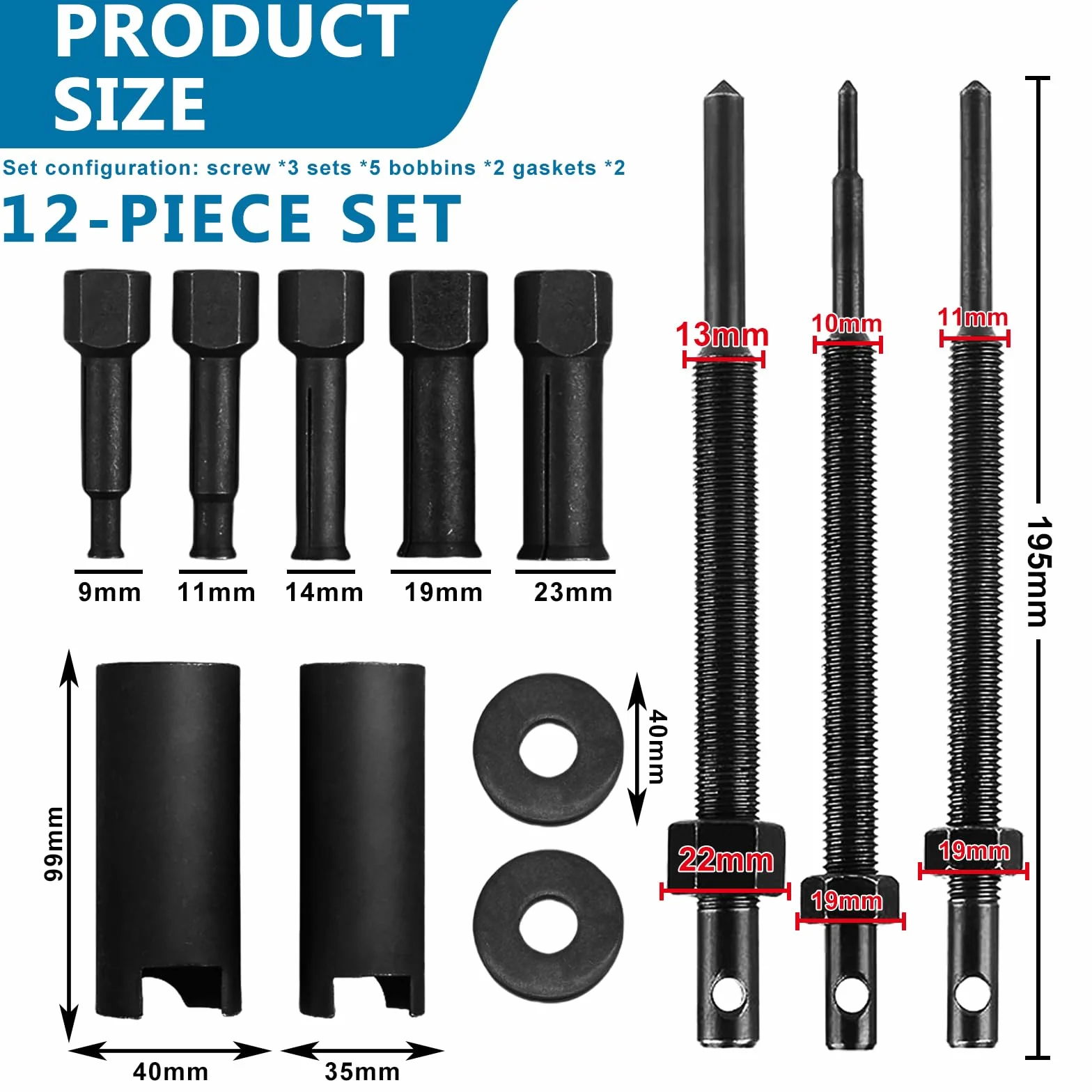 BORDEAG 12 Pezzi Kit Estrattore per Cuscinetti Interni per Moto 9-30 Mm Nero