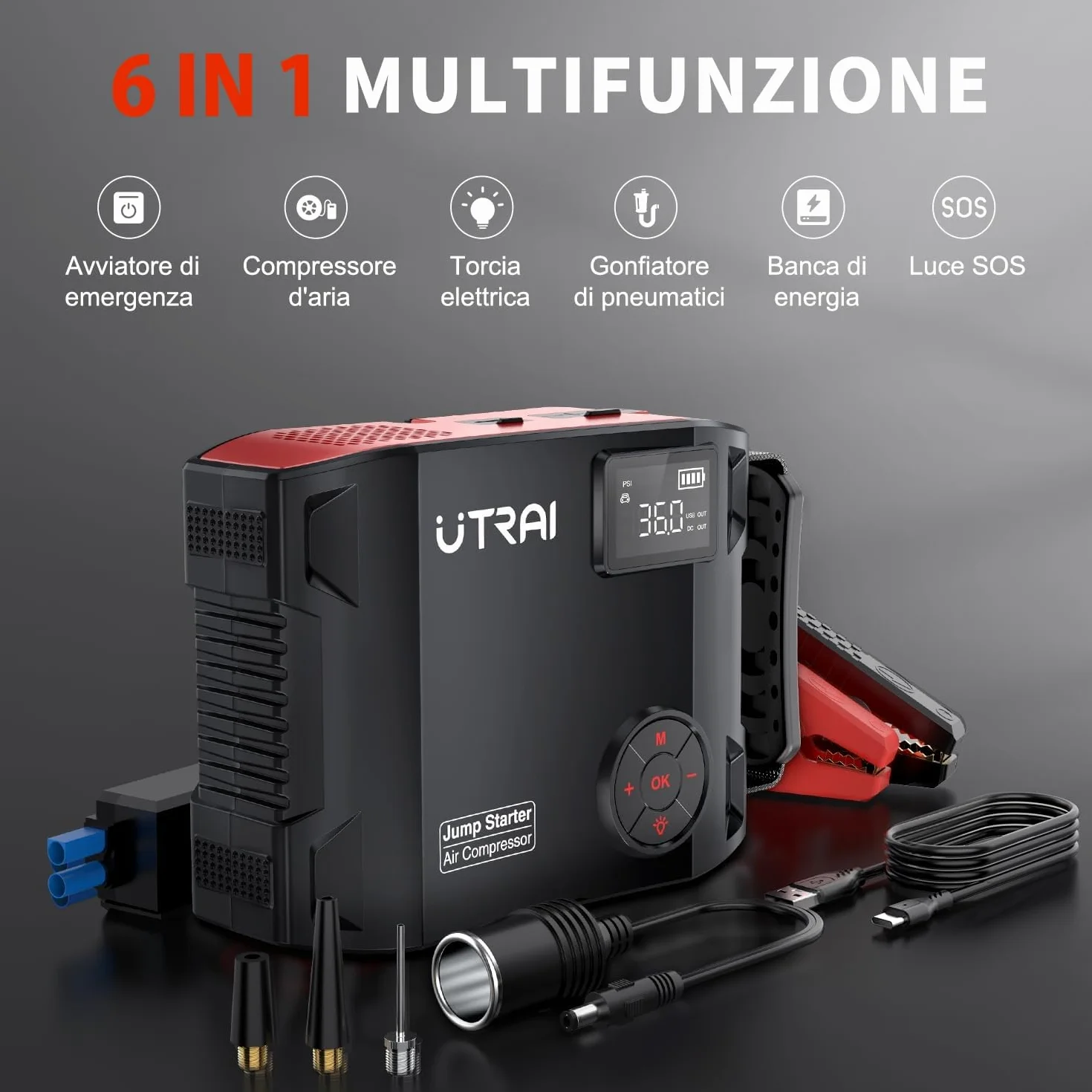 Avviatore Batteria Auto 8000A, UTRAI 27000mAh Avviatore Emergenza Auto con Compressore, DC160W Booster Avviamento Auto/Moto Portatile (Fino a Tutti i Benzina e 12L Diesel)/Doppia USB/1600 Lumen LED