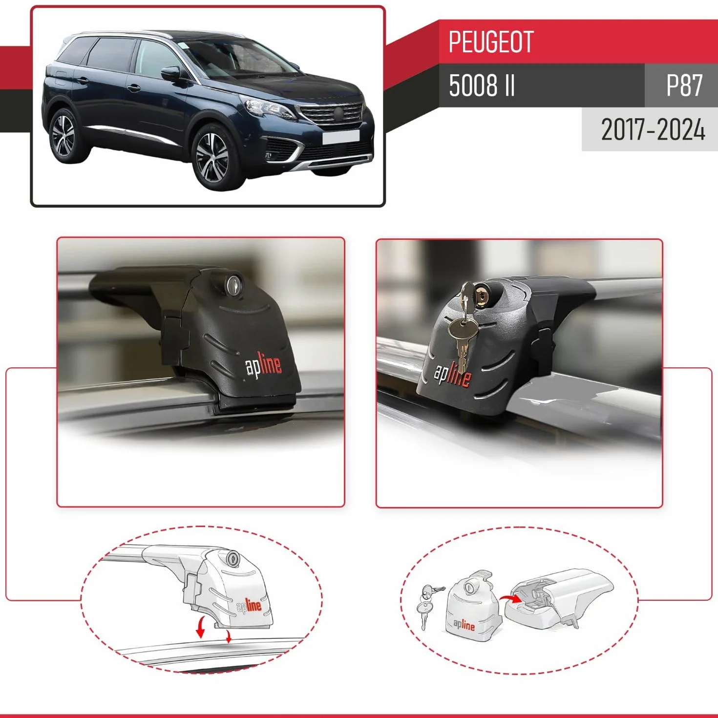 Compatibile con Peugeot 5008 II (P87) 2017-2024 Ace-2 Barre Tetto Portapacchi Auto Barre Portatutto Grigo Alluminio 2 Barre