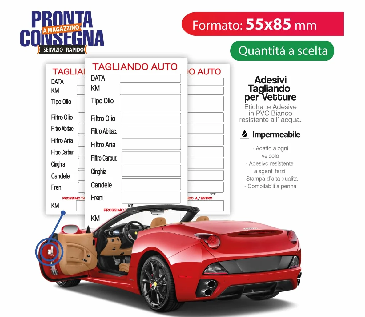 Etichette Adesive Tagliando Auto Cambio Olio Filtri Candele Freni, PVC Impermeabile 8,5 x 5,5 cm 50 Pz