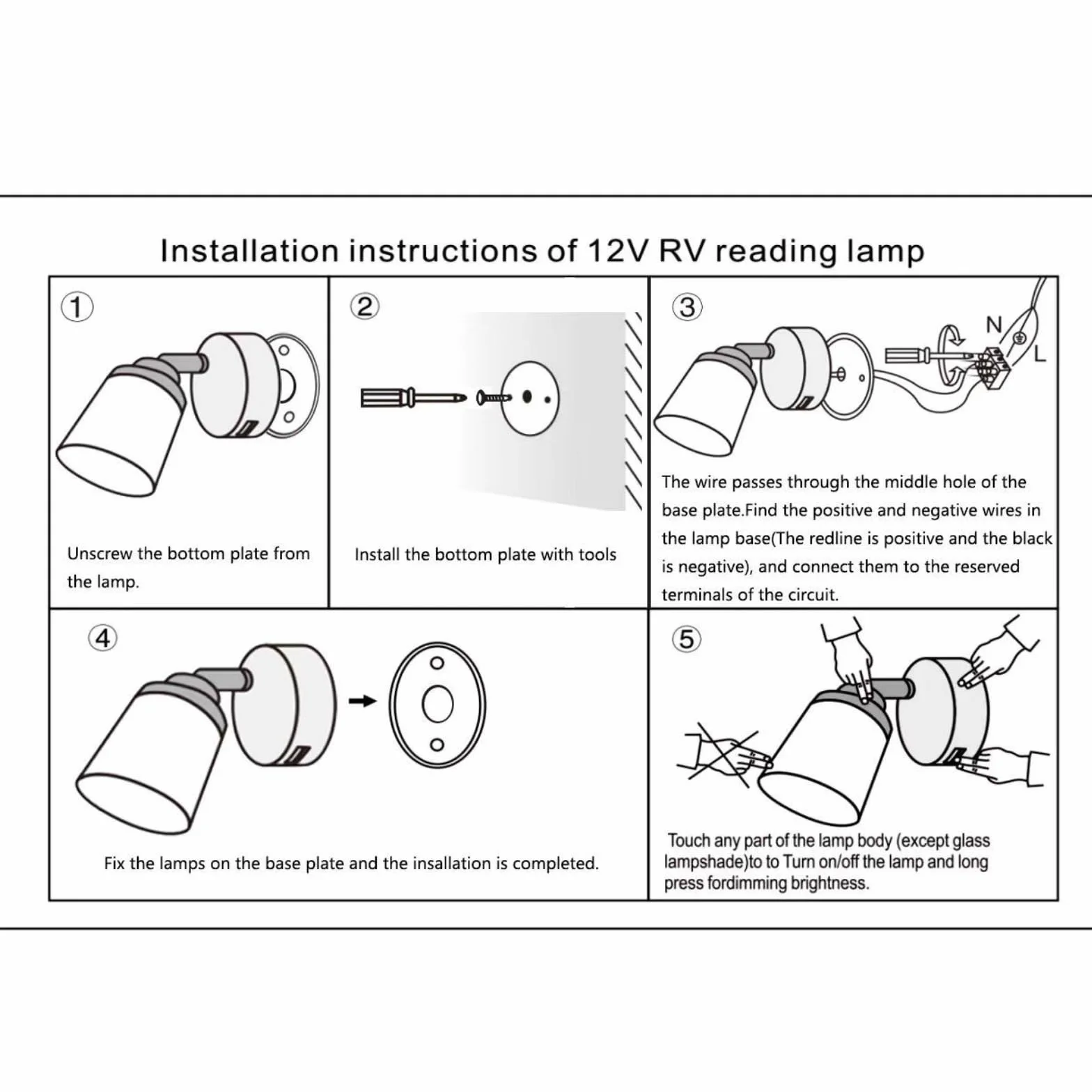 12V LED Reading Lamp Caravan with USB 3W Dimmer Touch Switch White Yellow Warm Light DC12-24V Campervan RV 2 Pack