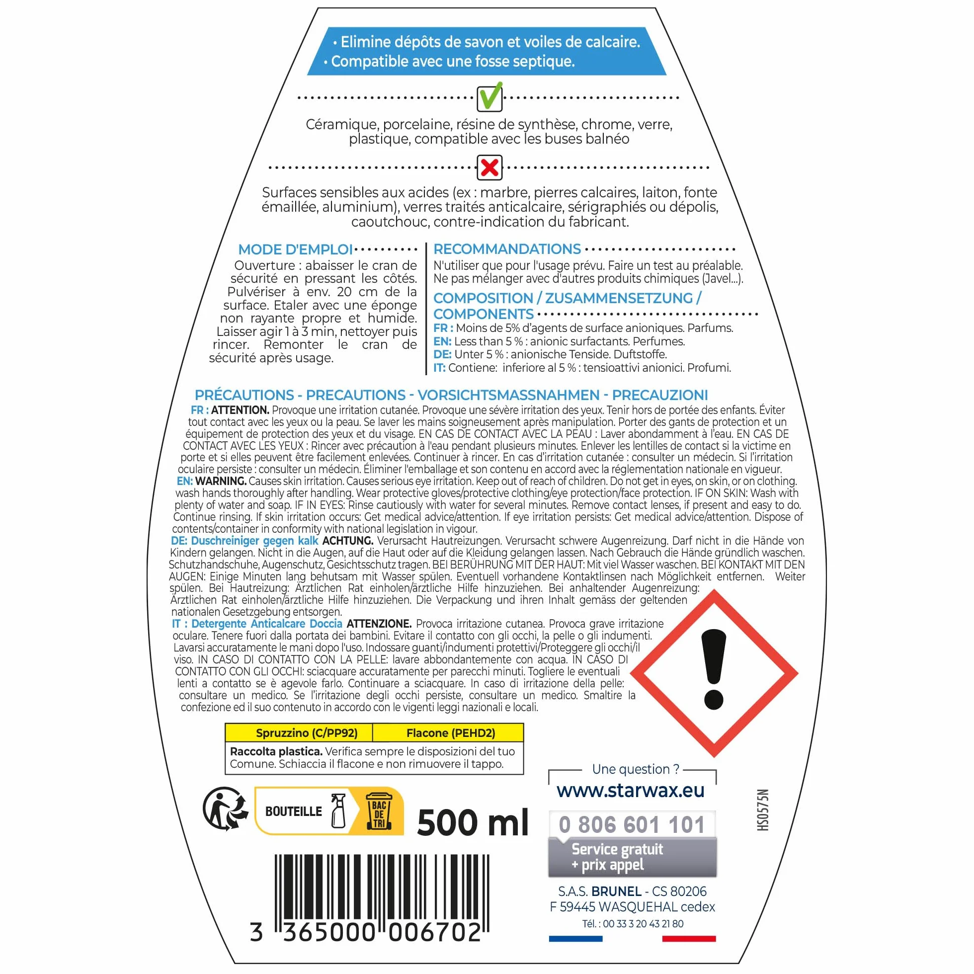 STARWAX Detergente Anticalcare Doccia Spray Multi-Superficie 500 ml