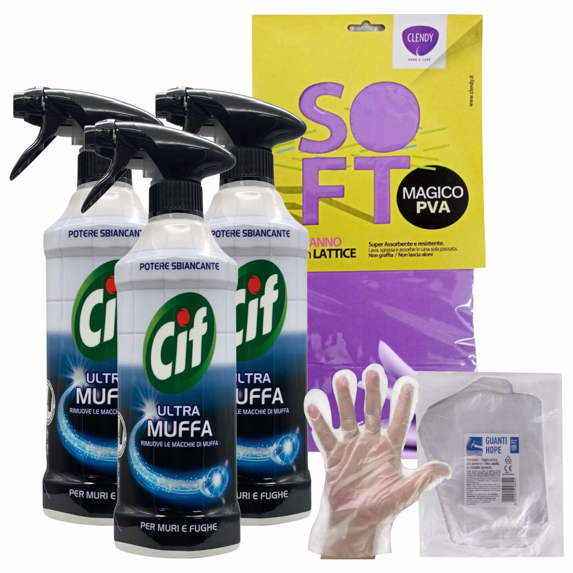 Set Pulizia Antimuffa 500 ml Spray Detergente + Panno Lattice + 100 Guanti HDPE Monouso