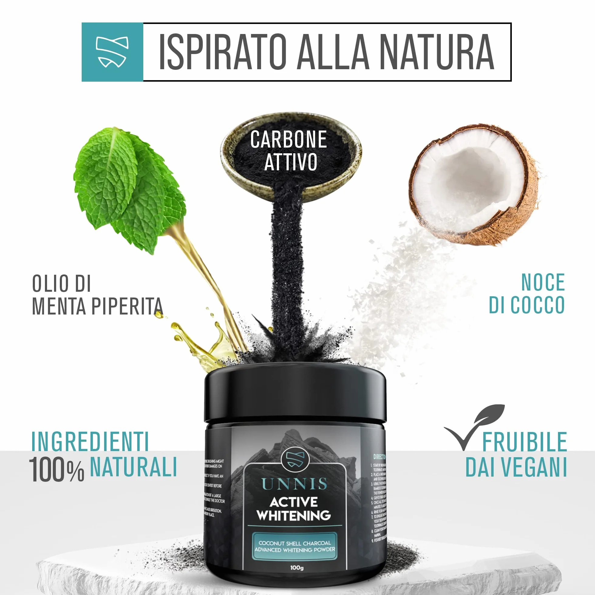 Polvere Sbiancante al Carbone per Denti, 100 g, Sbiancamento Naturale, Detox