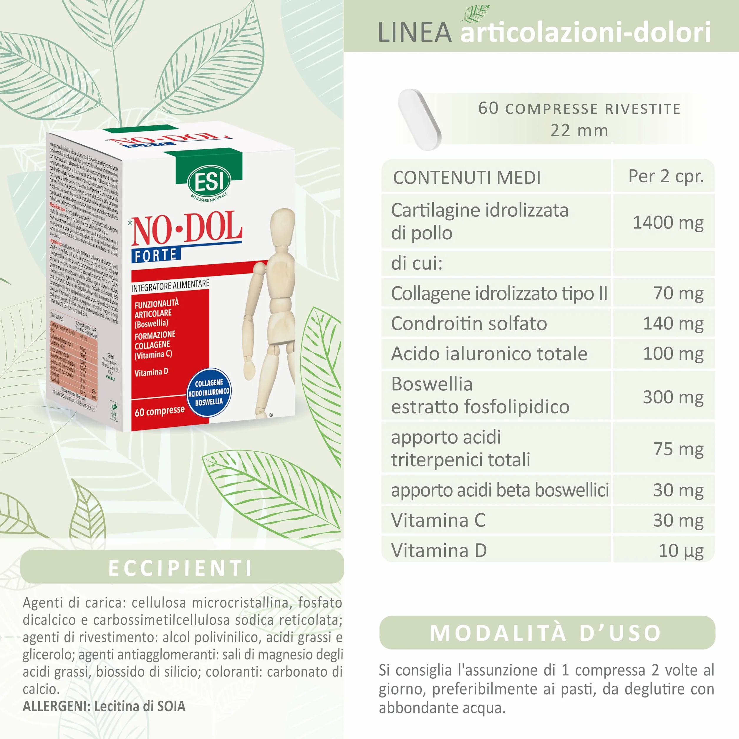 ESI No-Dol Forte Integratore Alimentare Collagene Vitamina C Acido Ialuronico 60 Compresse