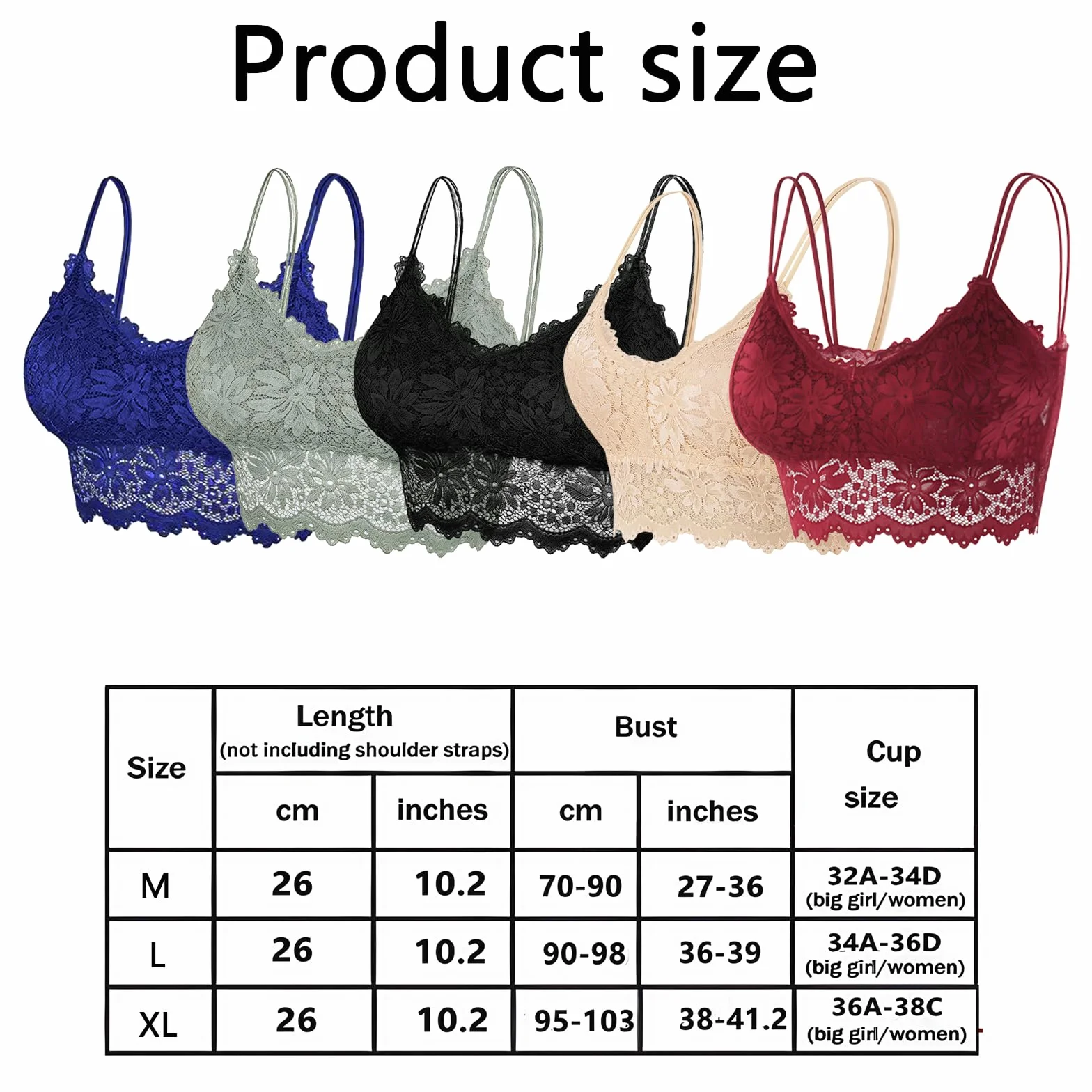 AYNKH Bralette in pizzo da donna, reggiseno imbottito, set da 5 pezzi