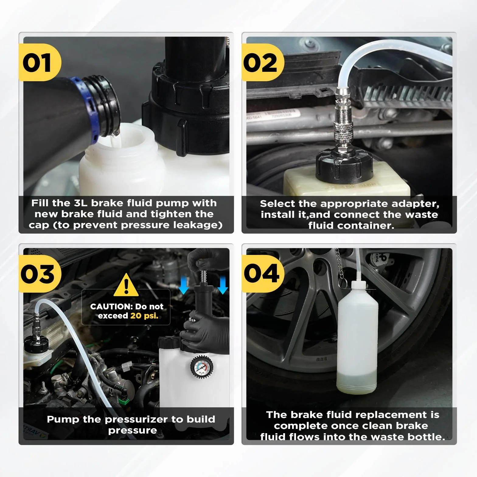 Spurgo freni 3L Set sostituzione liquido freni auto con contenitore aspirazione 1L 4 adattatori universali