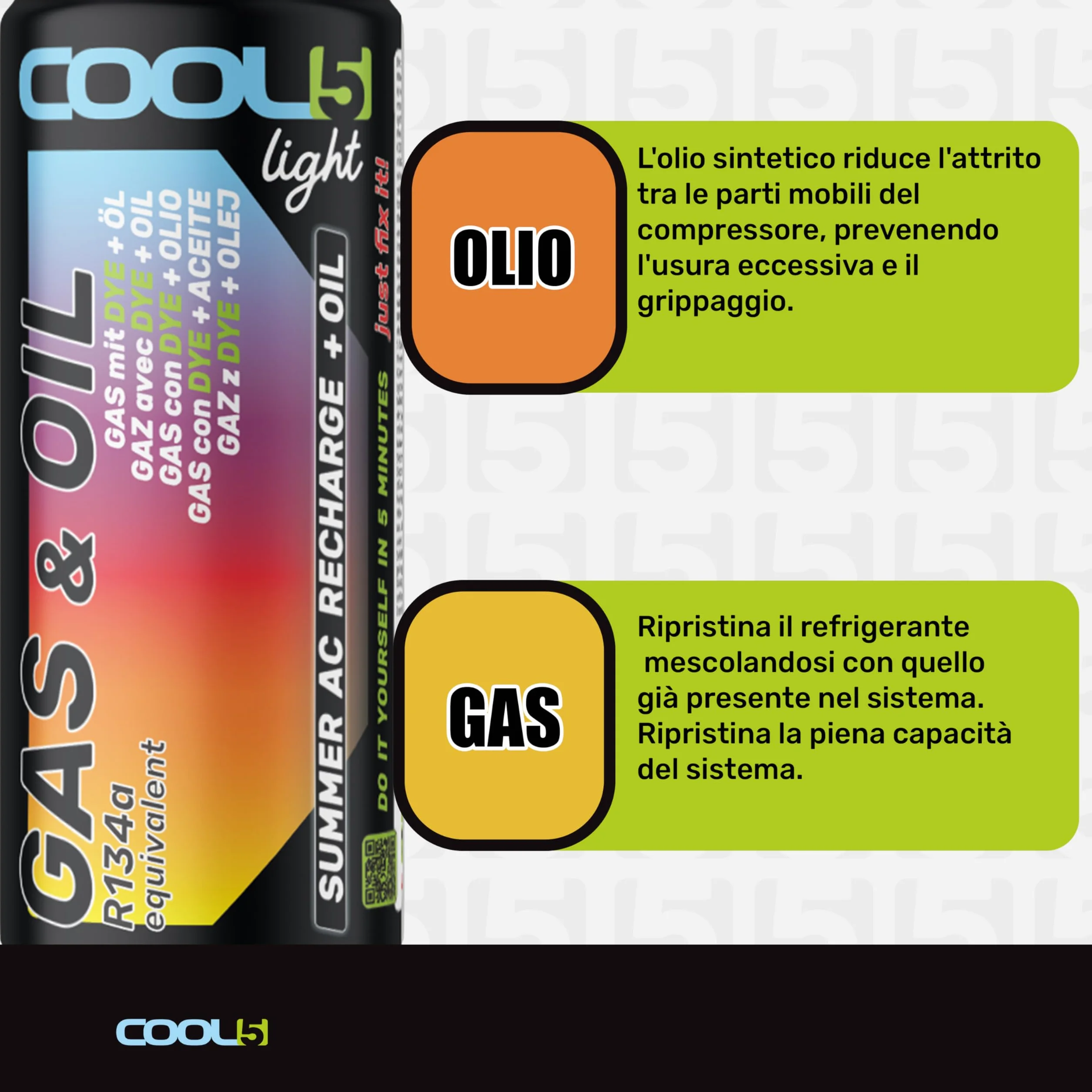 LIGHT R134a - Refrigerante di ricambio per condizionatori auto, 1 barattolo 2 in 1, 235 g + tubo di pressione con manometro