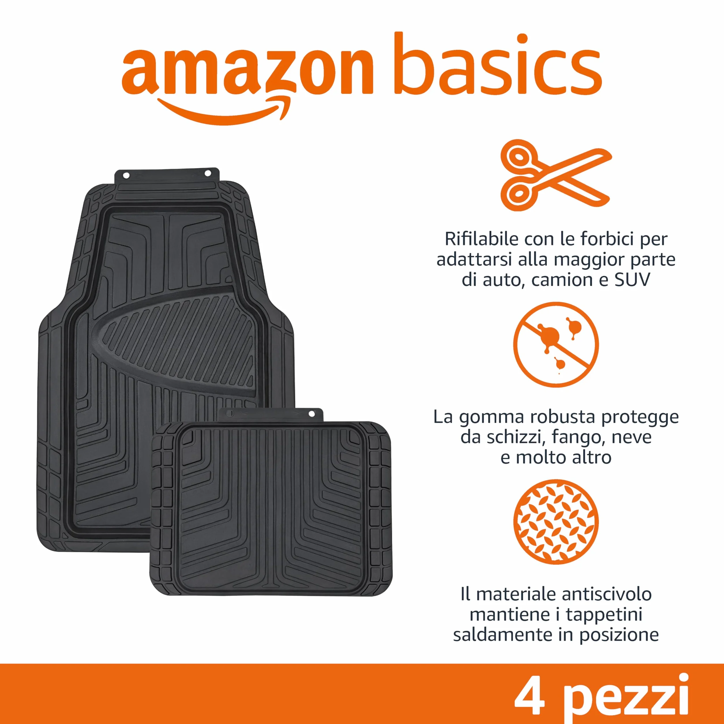 Amazon Basics 4 unità tappetini in gomma per auto, SUV, camion, per tutte le stagioni, nero