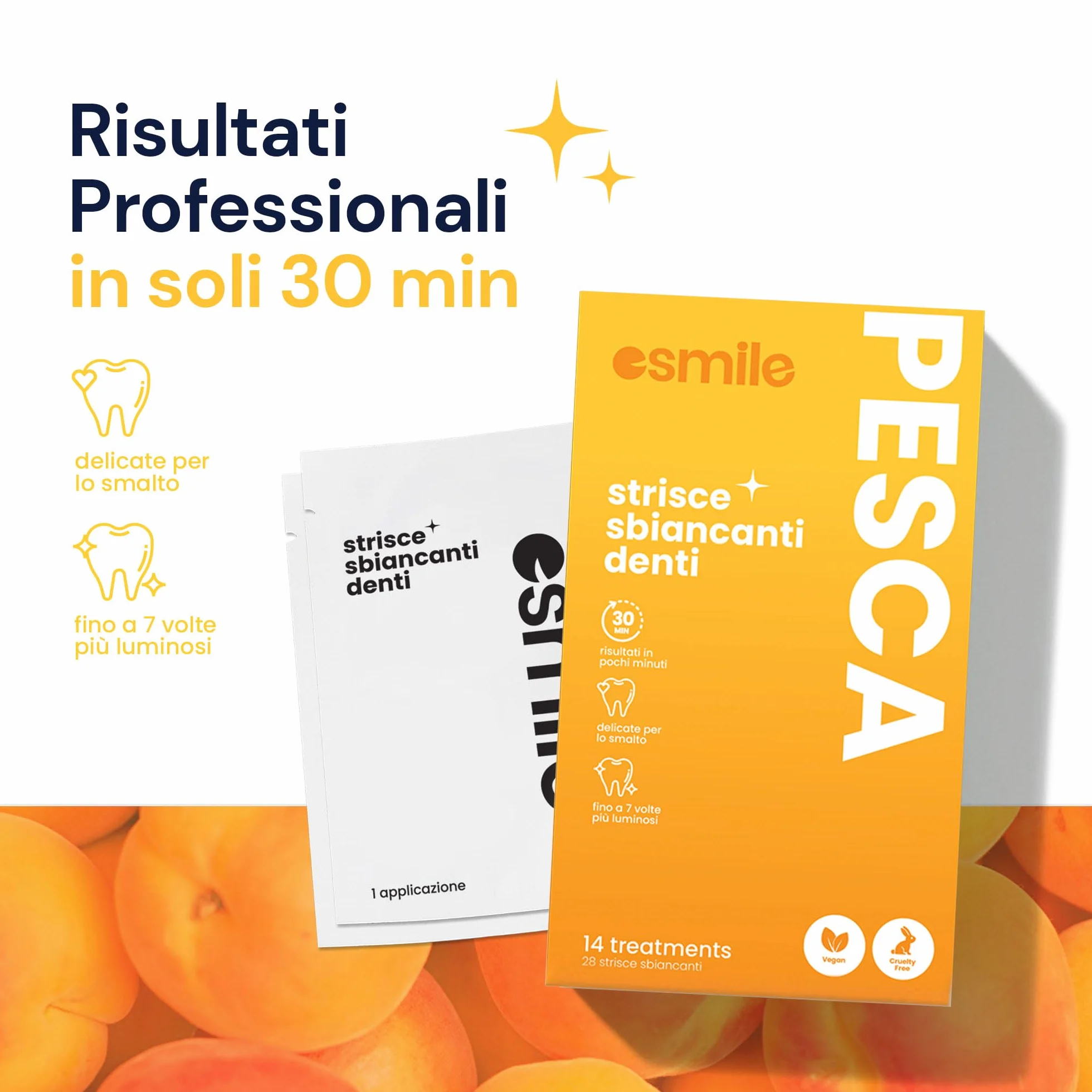 ESMILE 28 Strisce Sbiancanti Denti Frutta Pesca, Trattamento Professionale a Casa, 14 Trattamenti Igiene Orale