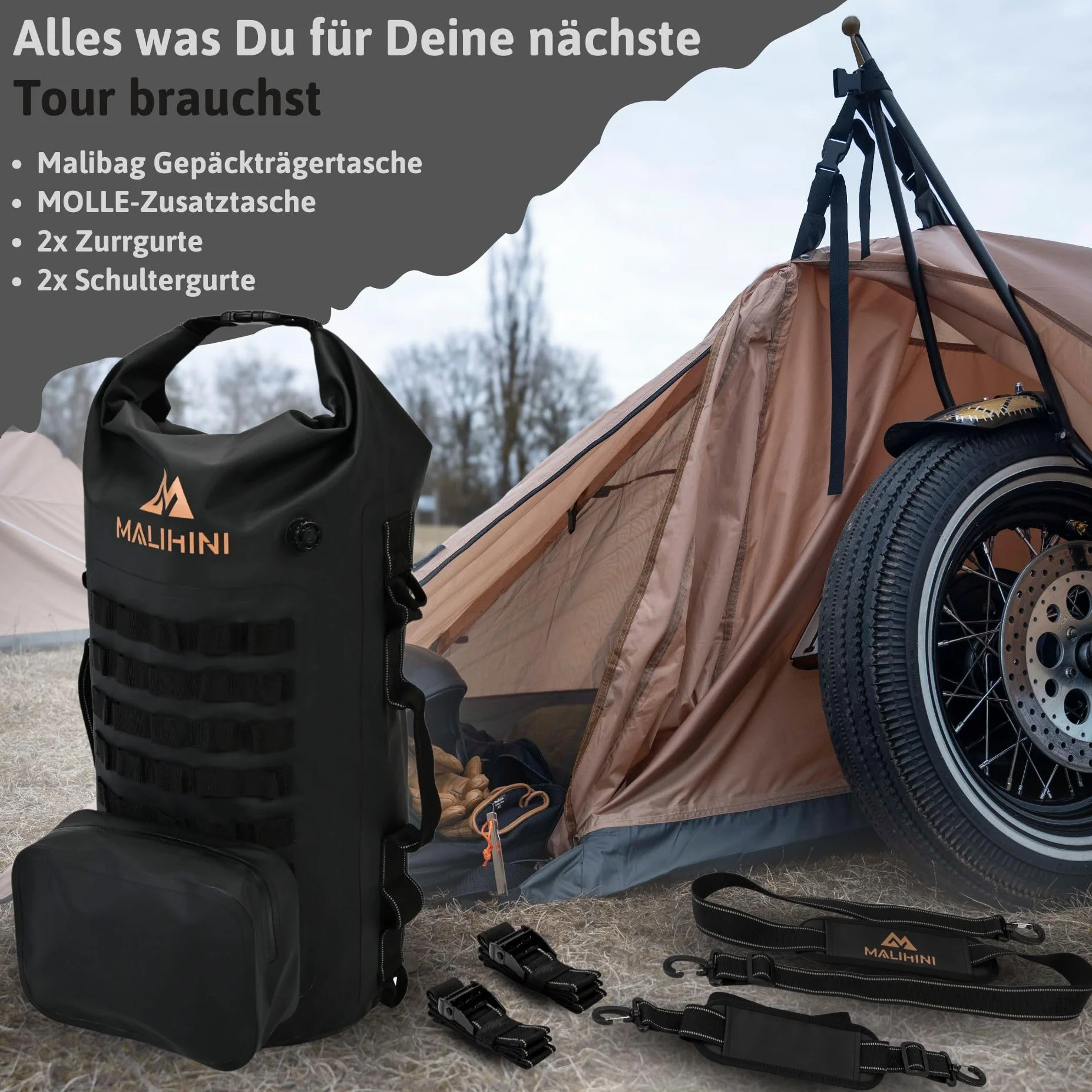 MALIHINI Borsa da moto per sissybar e portapacchi [schienale + MOLLE] 50 l, Dry Bag impermeabile per motociclisti | Sacca e come zaino | Campeggio e borsa da viaggio Bikepacking