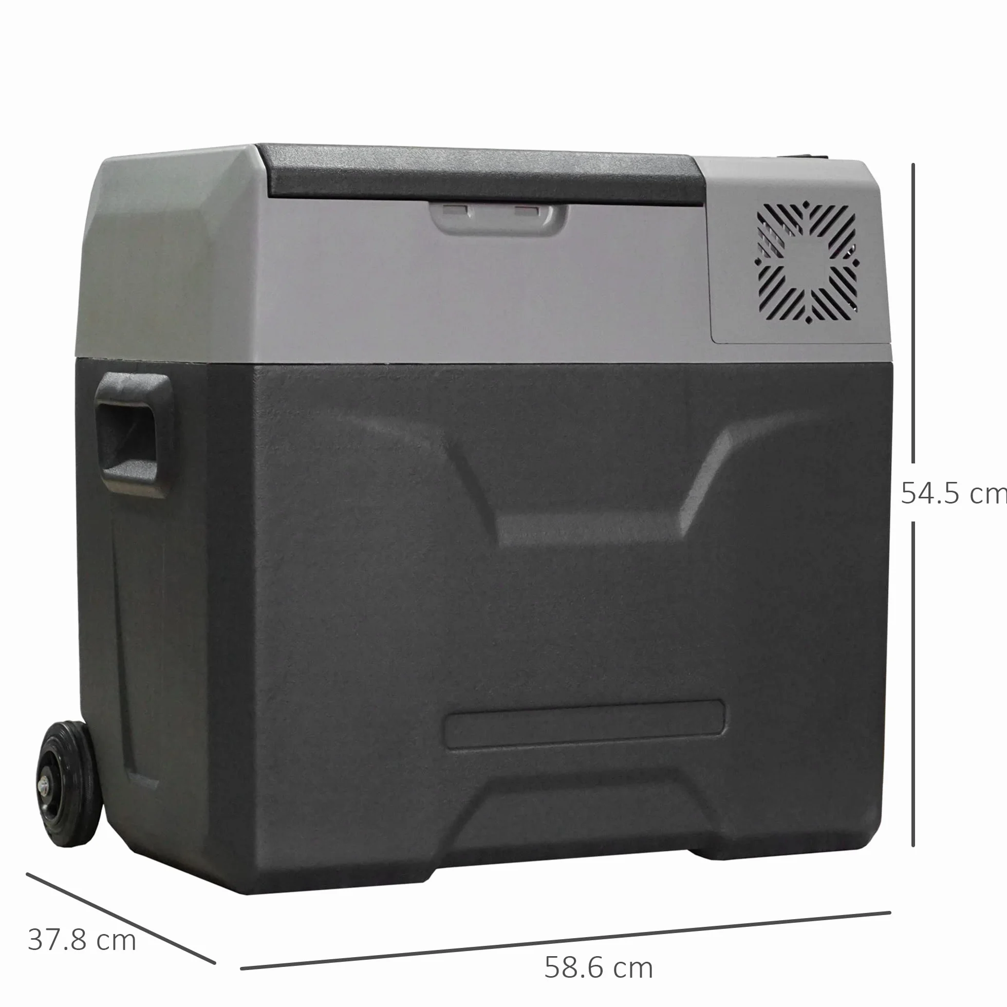 HOMCOM Frigorifero Portatile per Auto 50L 12/24V DC 110-240V AC, Frigo Portatile con Pannello Touch, Maniglia e 2 Rotelle, in Alluminio e Plastica, per Barca, Camper, 58.6x37.8x54.5 cm, Grigio