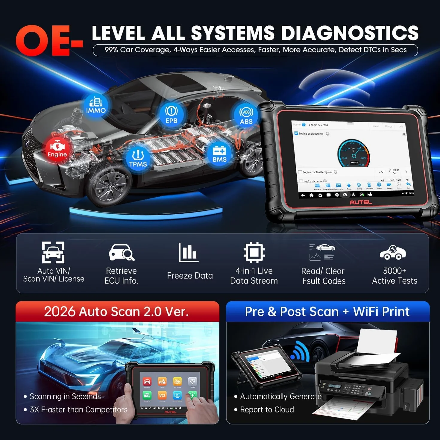 Autel MaxiCOM MK900BT OBD2 Diagnostica 2026 MK900-BT Bidirezionale Scanner CANFD DOIP OS11