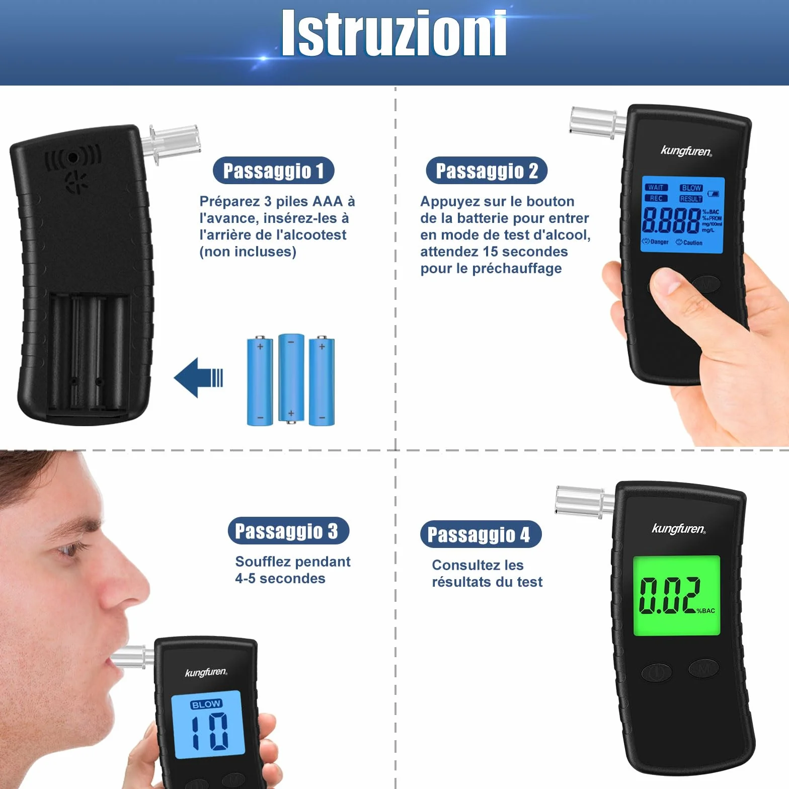 Alcol Test Etilometro Portatile Certificato Digitale Professionale con Display LCD Blu - Tester di Alcool Precisione Grado 11 Bocchini