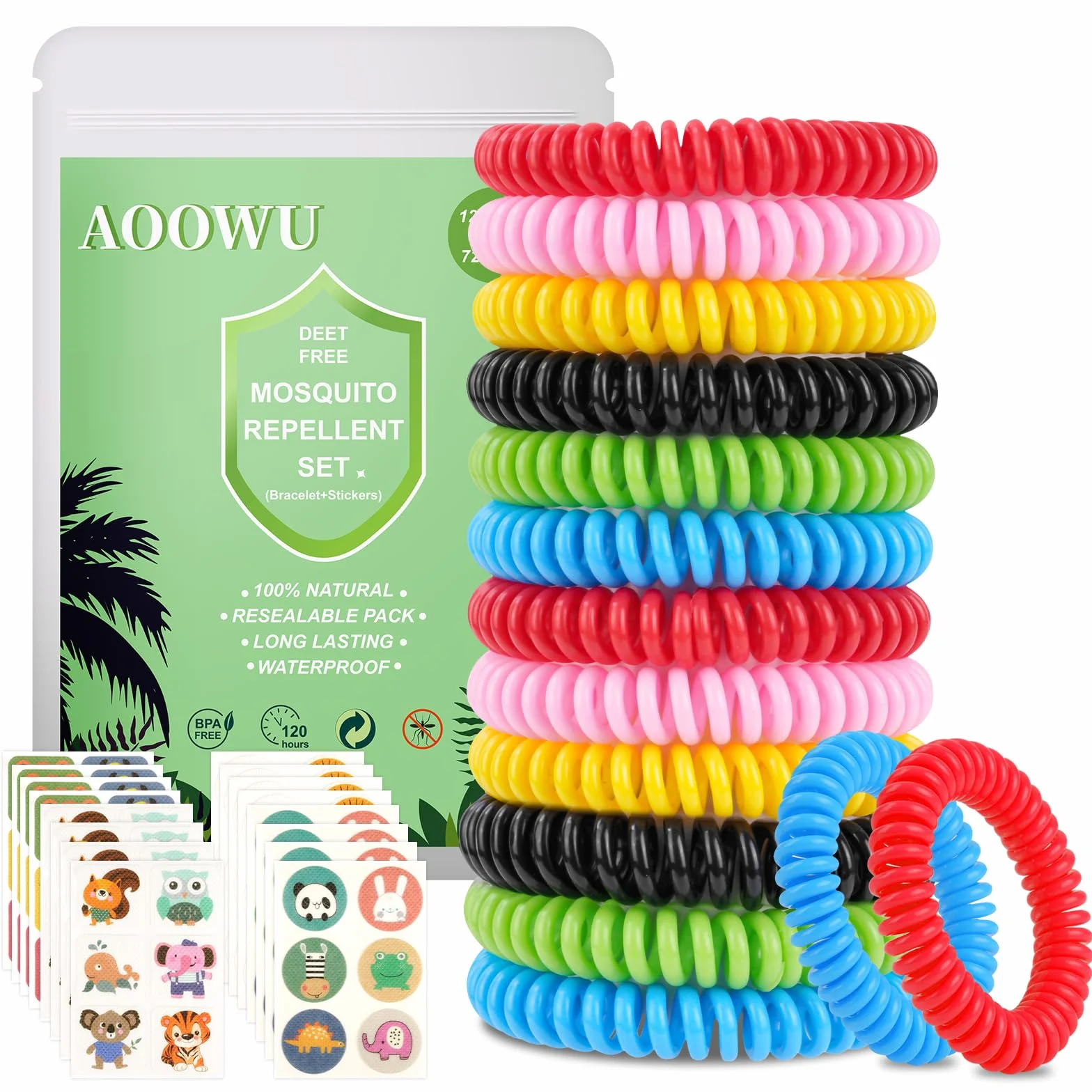 AOOWU Braccialetti Antizanzare 12 Pezzi, Cerotti Antizanzare 72 Pezzi, Senza DEET, Sicuro Non Tossico, per Bambini e Adulti