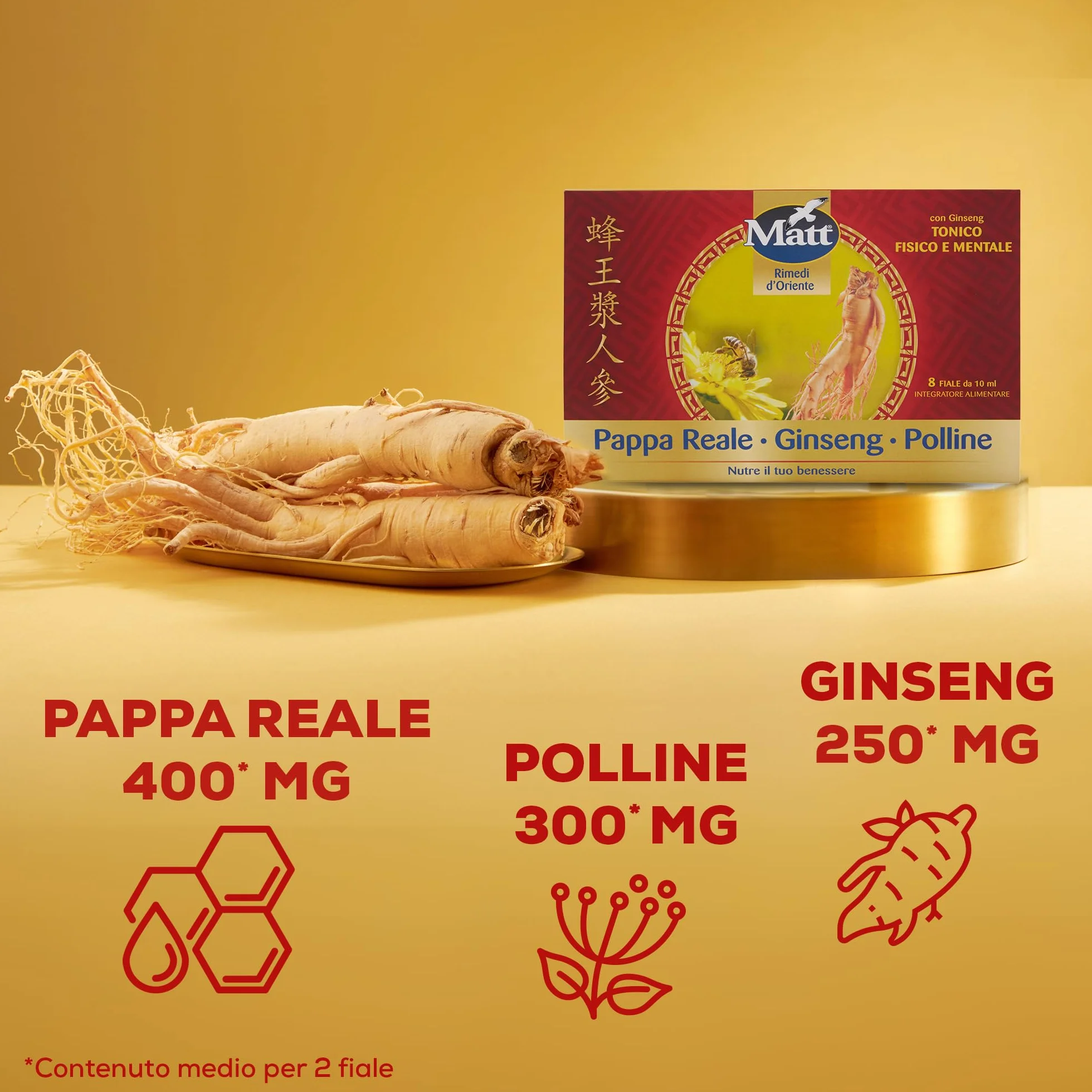 Pappa Reale Ginseng e Polline Tonico Fisico e Mentale Integratore Alimentare Senza Glutine 8 Fiale 10 ml