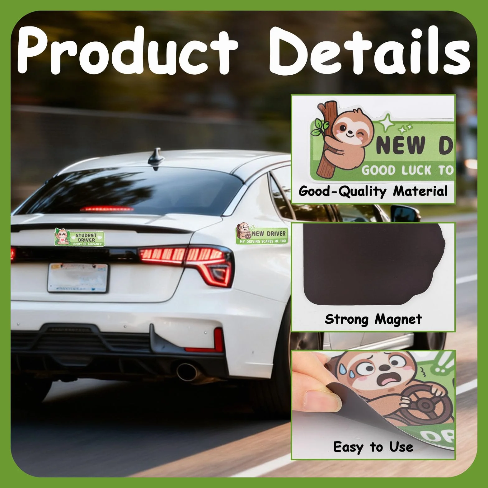 Adesivi Magnetici Auto Bradipo Simpatico Cartone Animato Impermeabile 25x9cm 3pz