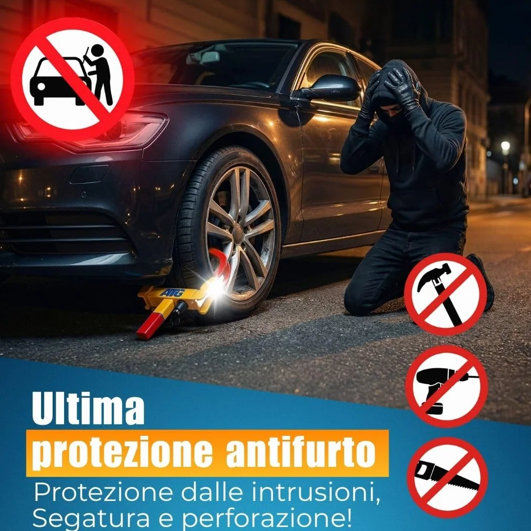 ATG Bloccaruota Auto e Rimorchio – Antifurto Meccanico Universale Ganascia Bloccaruota per Auto, Camper, Caravan, Moto – 18–28 cm