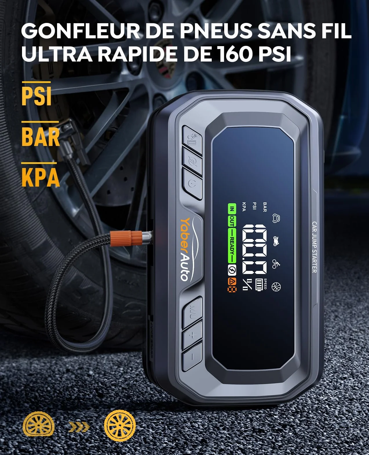 YaberAuto Avviatore Batteria Auto 8000A 26800mAh con Compressore 160PSI Uscita DC 160W, PD65W Booster Avviamento,Avviatore Emergenza per Auto (Tutto Gas/12.0L Diesel), 600 Lumens