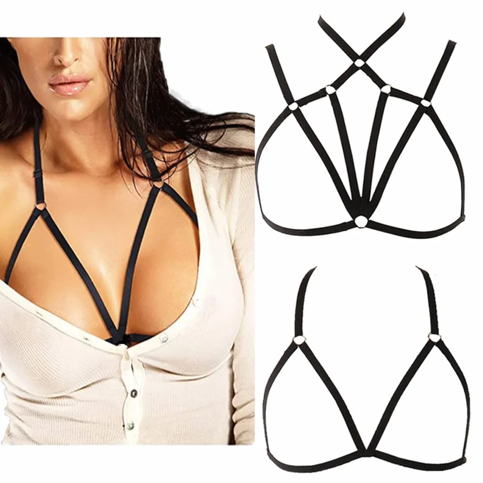 VicSec Women Sexy Harness Strappy Hollow out Bra Cupless Body Lingerie Punk Gothic Adjustable Halter Crop Top Bralet