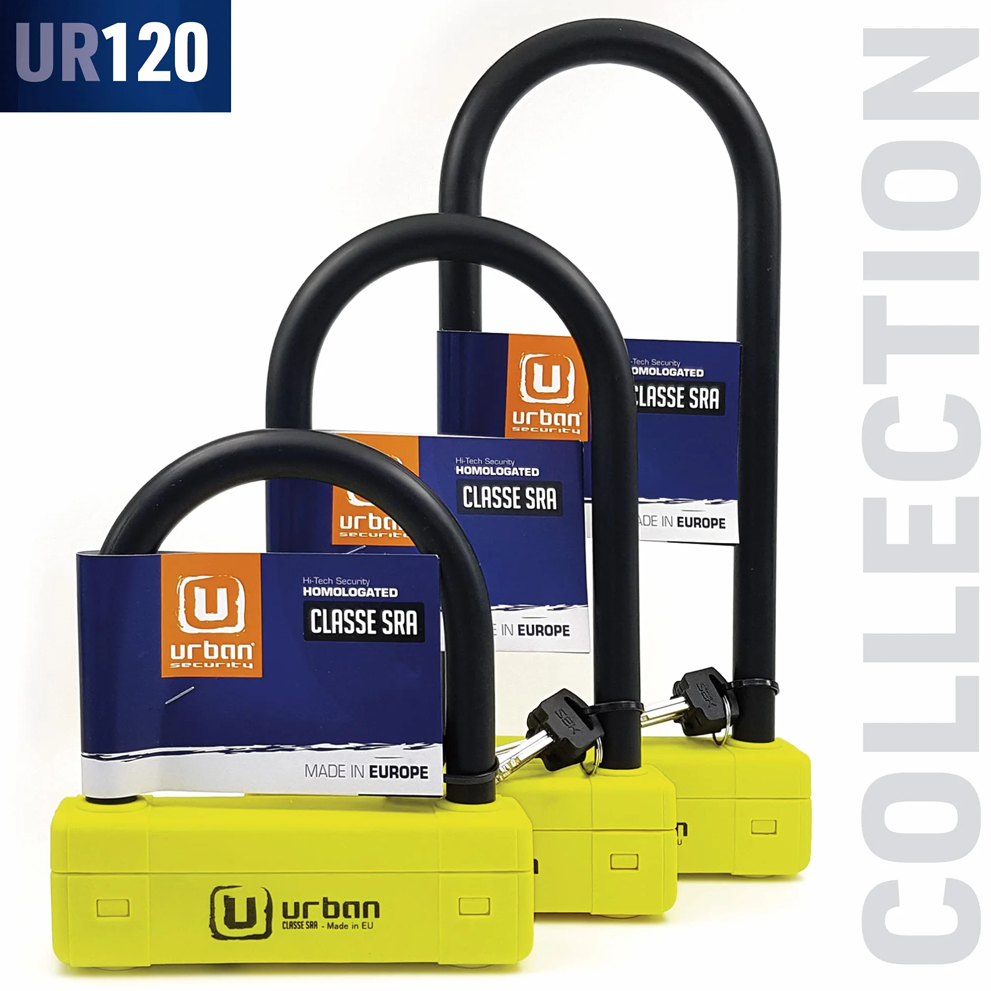 URBAN UR120220 Lucchetto a U per Moto Massima Sicurezza Omologato SRA, Arco ø18 Acciaio Temprato Doppio Blocco, Più Visibile, Antifurto a U lock 120x220mm Più Versatile per Blocco Pneumatico Moto