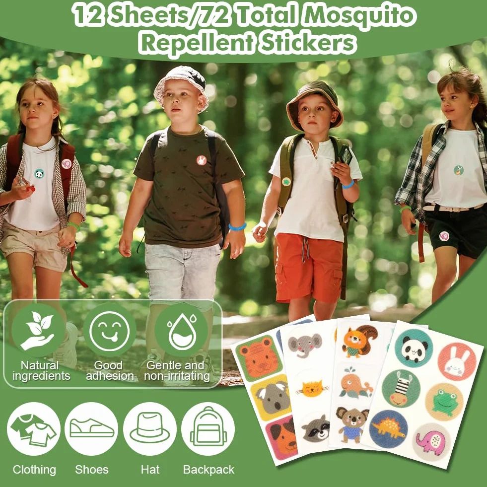 AOOWU Braccialetti Antizanzare 12 Pezzi, Cerotti Antizanzare 72 Pezzi, Senza DEET, Sicuro Non Tossico, per Bambini e Adulti