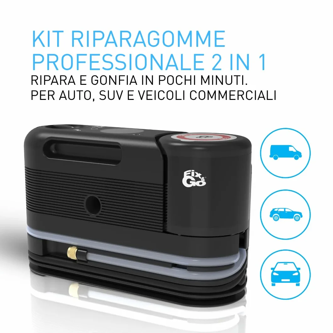 Fix&Go SENSOR Kit Riparazione Pneumatici Auto Professionale 12V Compressore Sigillante a Base di Lattice per SUV Elettriche Safe TPMS