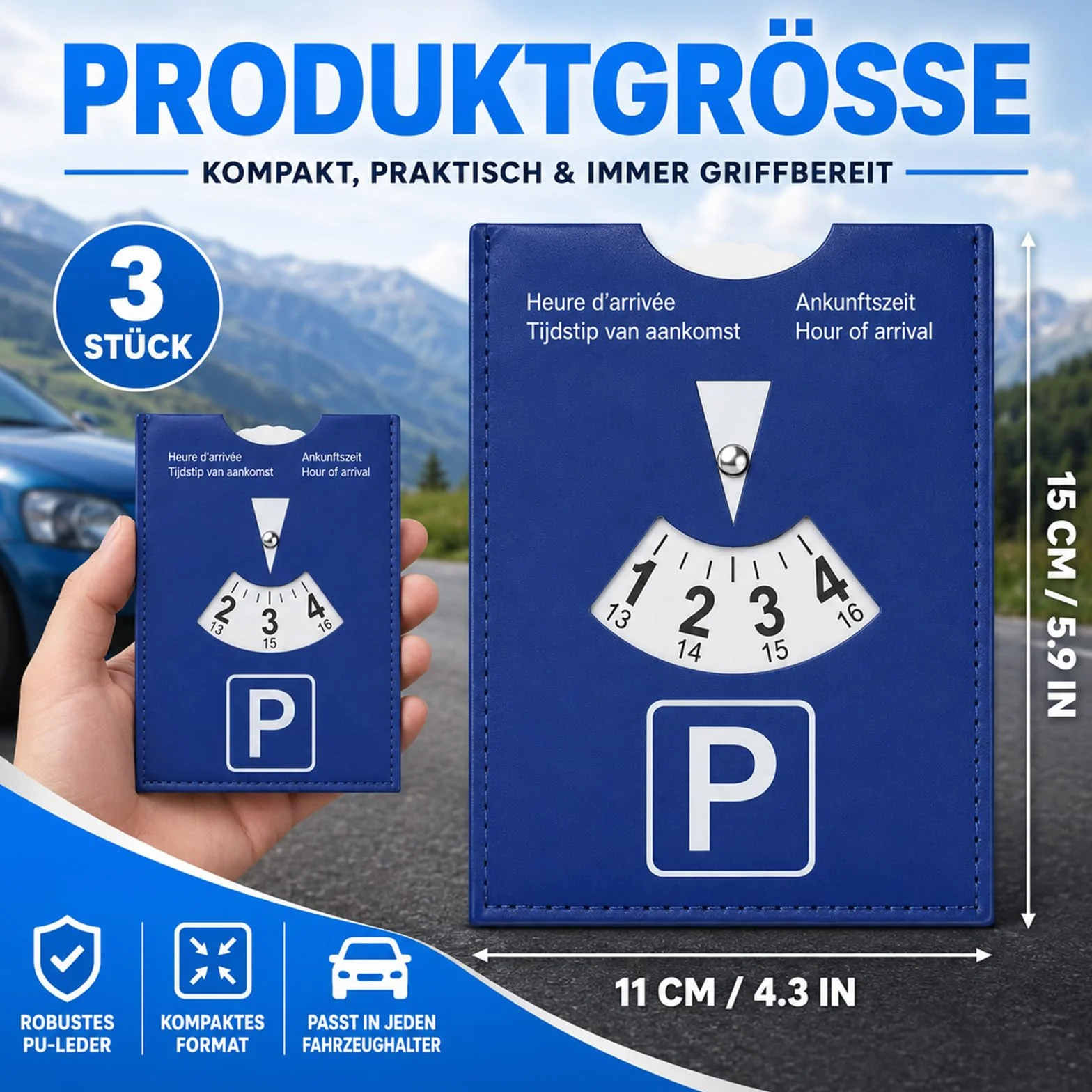 Parchimetro Disco Orario Europeo in Pelle Sintetica Blu, Soft-Touch, Moto e Camper, 11x15 cm