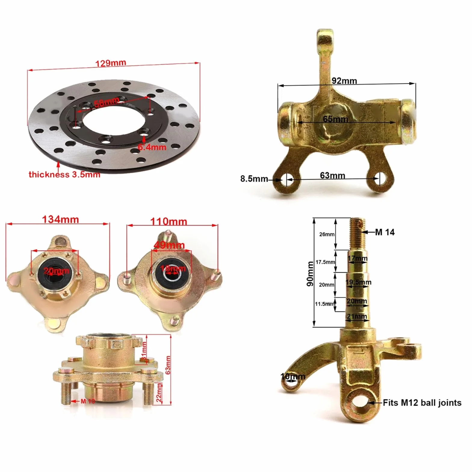 Mandrini Dell'articolazione dello Sterzo, Flangia del Mozzo Dell'asse della Ruota Mandrini dello Sterzo Mozzi delle Ruote Disco Freno per Carrello da Go Kart Quad ATV UTV