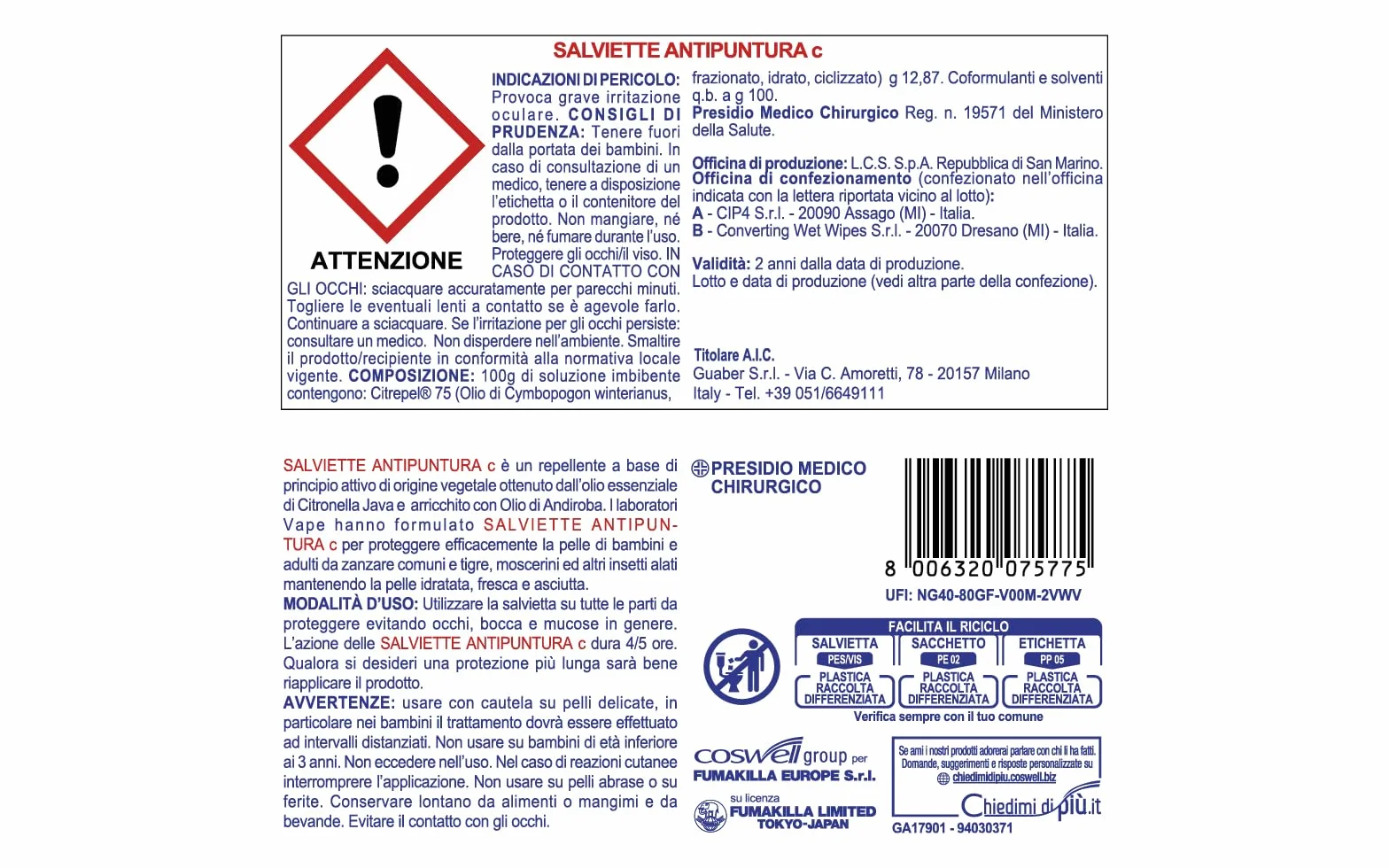 VAPE DERM KIDS Salviette Antipuntira C 15 Salviette Olio di Andiroba Pelle Protetta Zanzare Comuni e Tigre