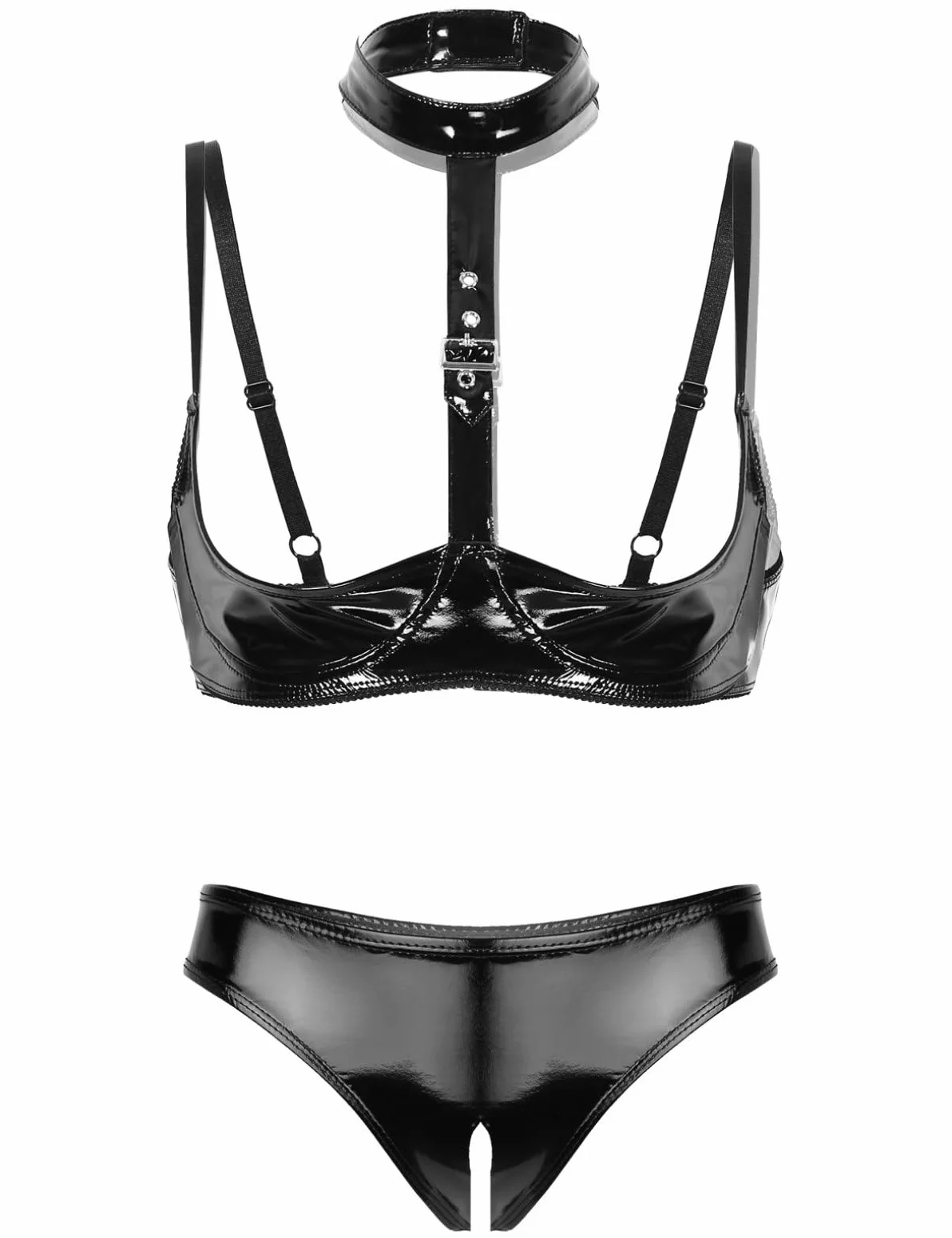 FEESHOW Donna Latex Set Intimo Reggiseno Push Up Slip Tanga Lingerie Babydoll