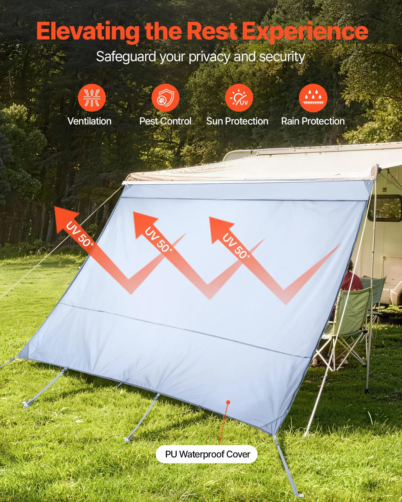 VEVOR Pannello Frontale Tenda da Sole UV50+ 2 x 3,3 m Poliestere Frangisole Campeggio