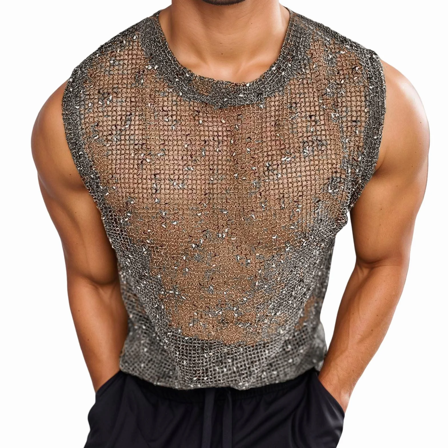 Camicia a rete da uomo con glitter, trasparente, maniche corte, asciugatura rapida, traspirante
