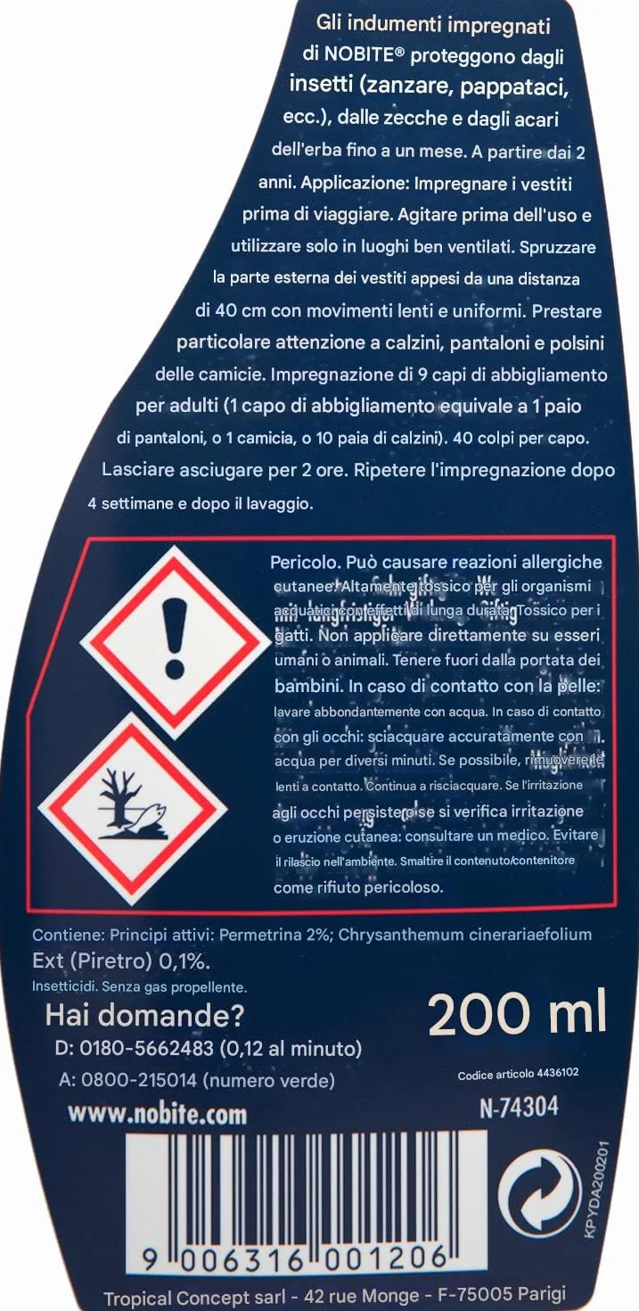 NOBITE Spray Abiti Permetrina 200ml Repellente Antizanzare