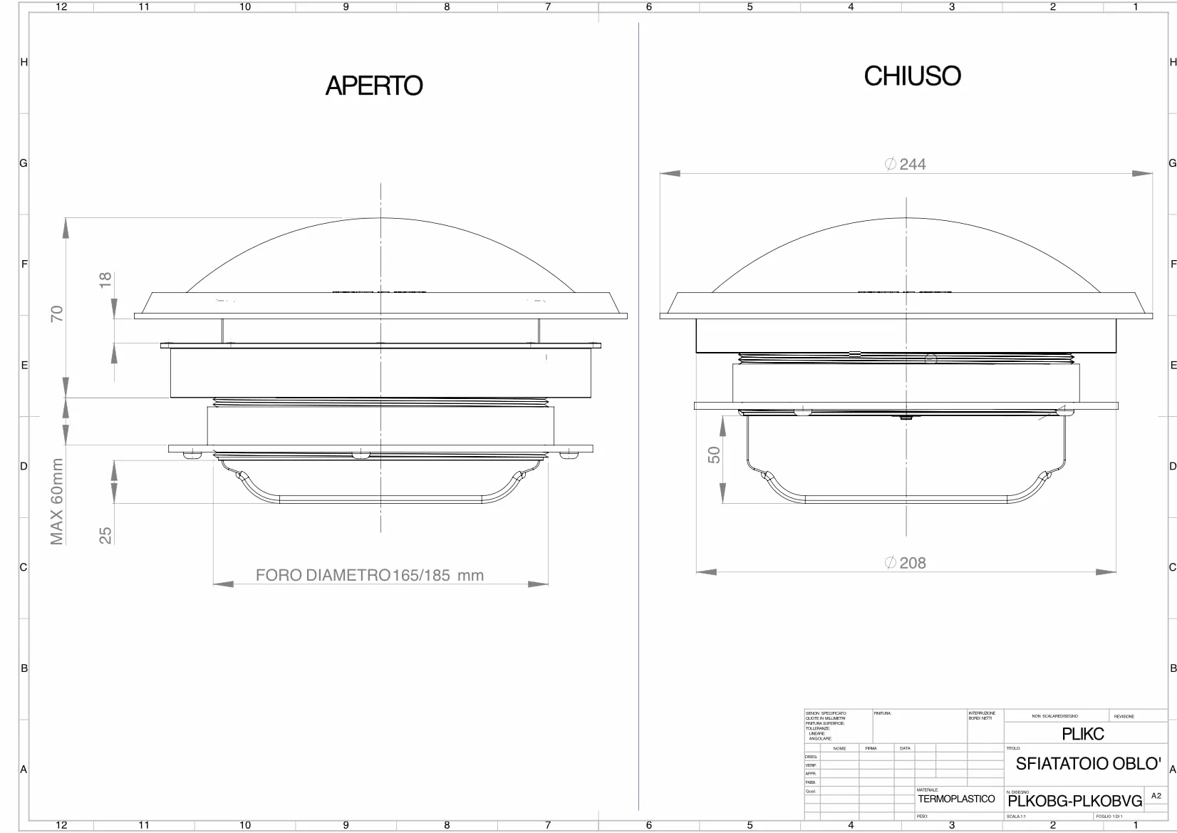 Oblò sfiatatoio per Camper Caravan Roulotte Ghiera Alta 60mm Ventola 12V