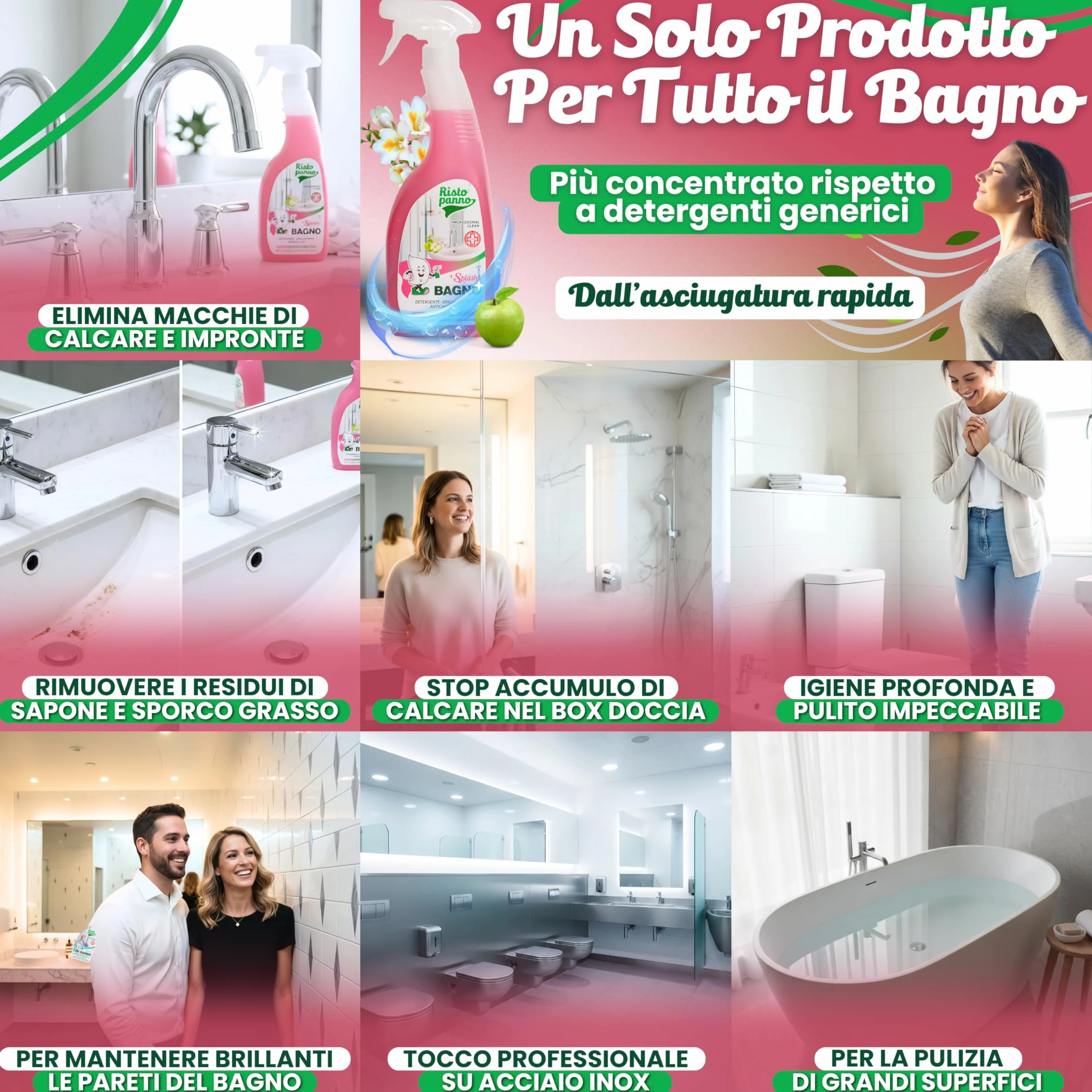 RISTOPANNO Detergente Anticalcare Spray Multiuso Professionale 750ml - Pulizia Doccia Rubinetteria Sanitari