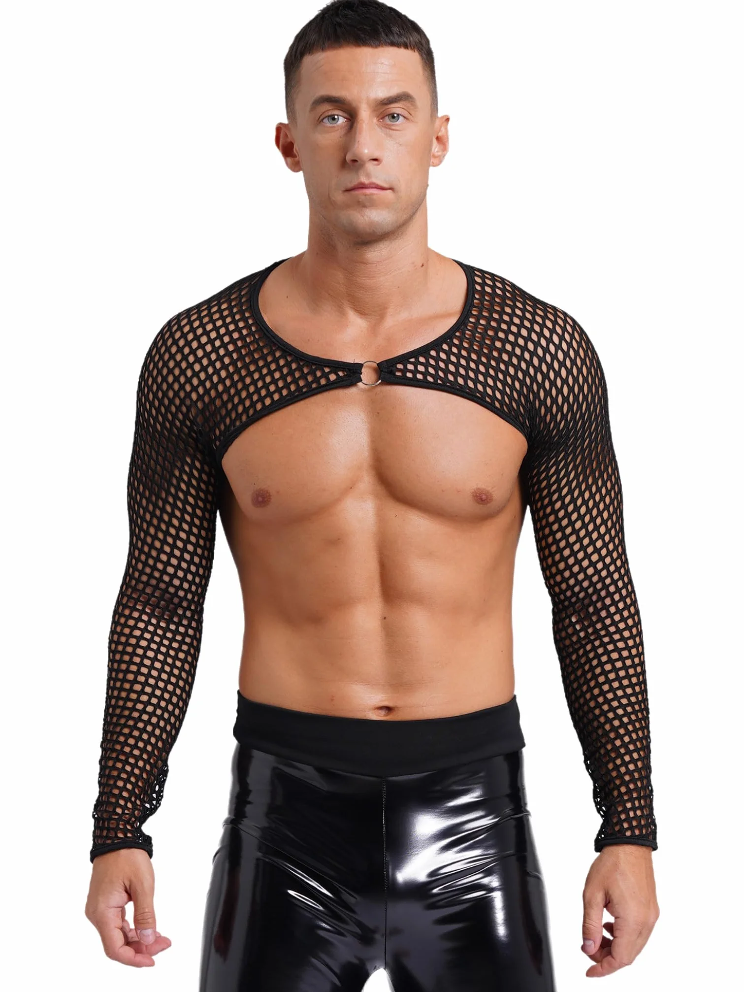 Męskie Lingerie Półprzezroczysta Siateczkowa Koszulka Crop Top Długa Rękaw