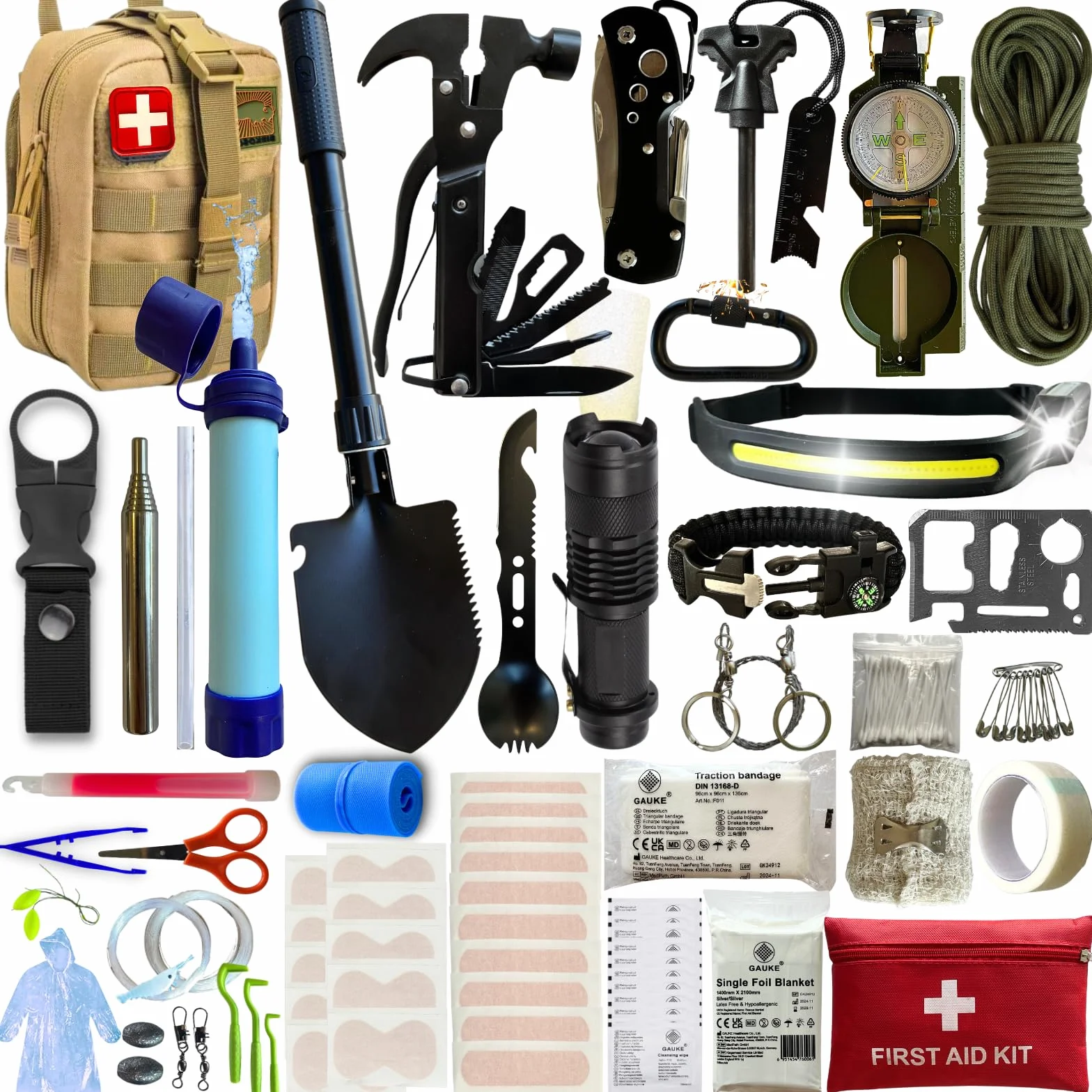 Kit Sopravvivenza & Primo Soccorso – Kit di Emergenza con 16 Strumenti Multifunzione e Più di 60 Articoli di Primo Soccorso – Ideale per Auto, Trekking, Campeggio & Scout – Robusto & Completo