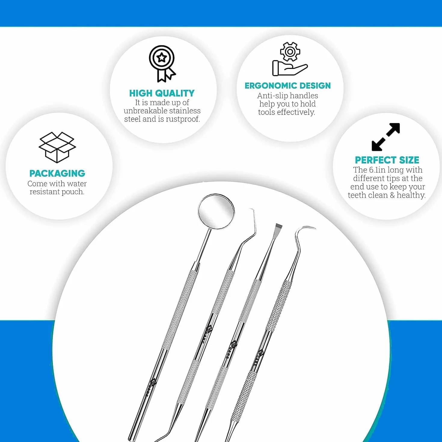 Kit Igiene Orale Dentale con Specchietto in Acciaio Inossidabile 4 Pezzi