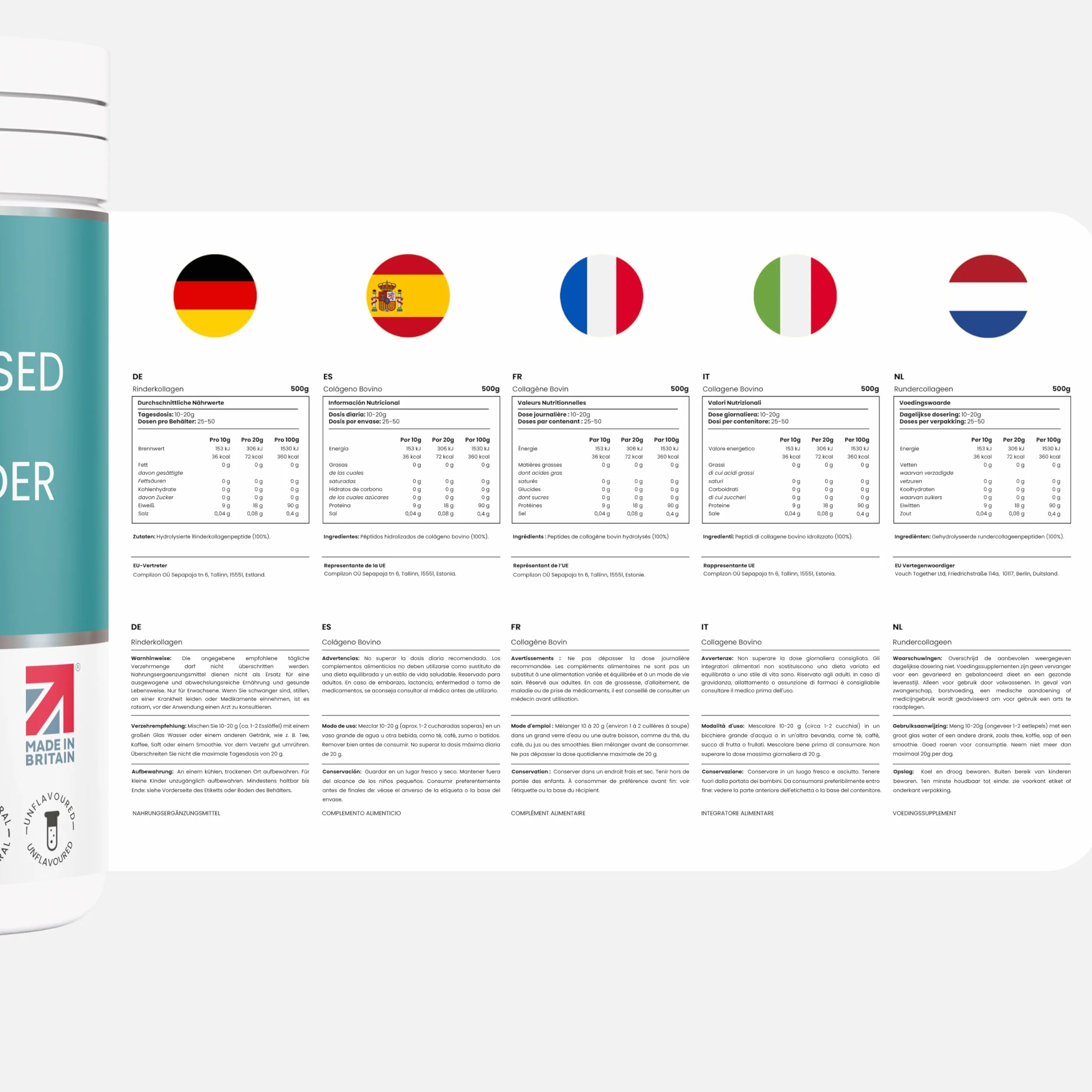 VitaBright Collagen in Polvere 500g Peptidi di Collagene Idrolizzato Bovino Tipo 1 e 3 Grass Fed Puro