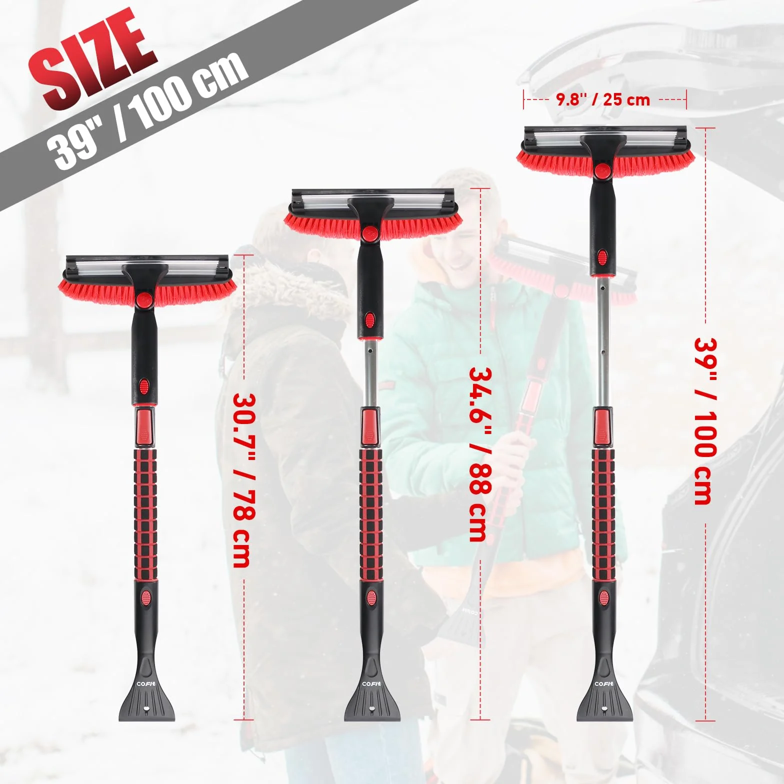 COFIT Raschietto e Spazzola Neve 3 in 1 100cm Gratta Ghiaccio Auto Manico Lungo Estensibile Rosso