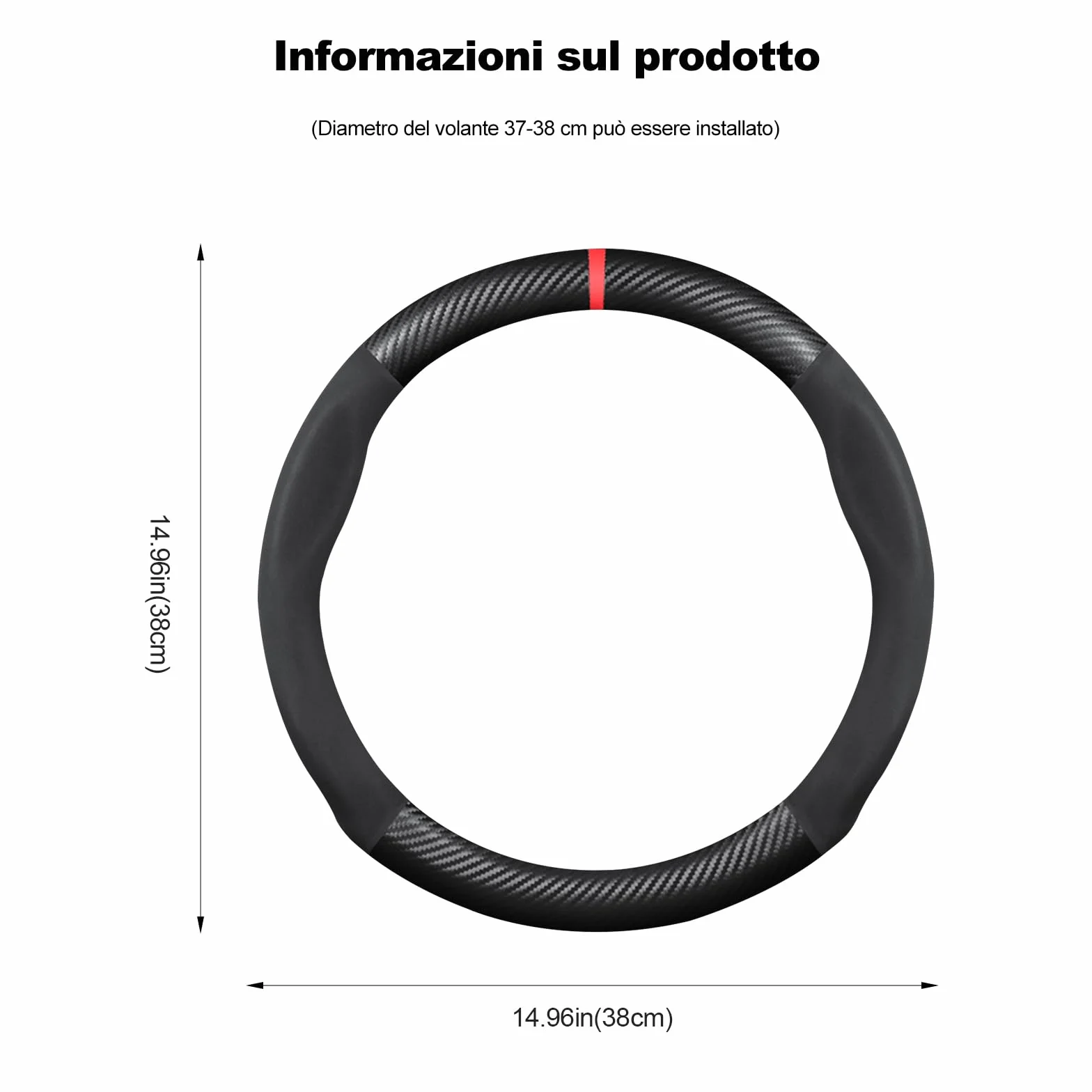 Ergocar Forma Rotonda Fibra di Carbonio e Pelle PU in Microfibra Coprivolante Antiscivolo Coprivolante per Auto Universale Sport Traspirante Per diametro 38 cm（15"）-Nero Rosso
