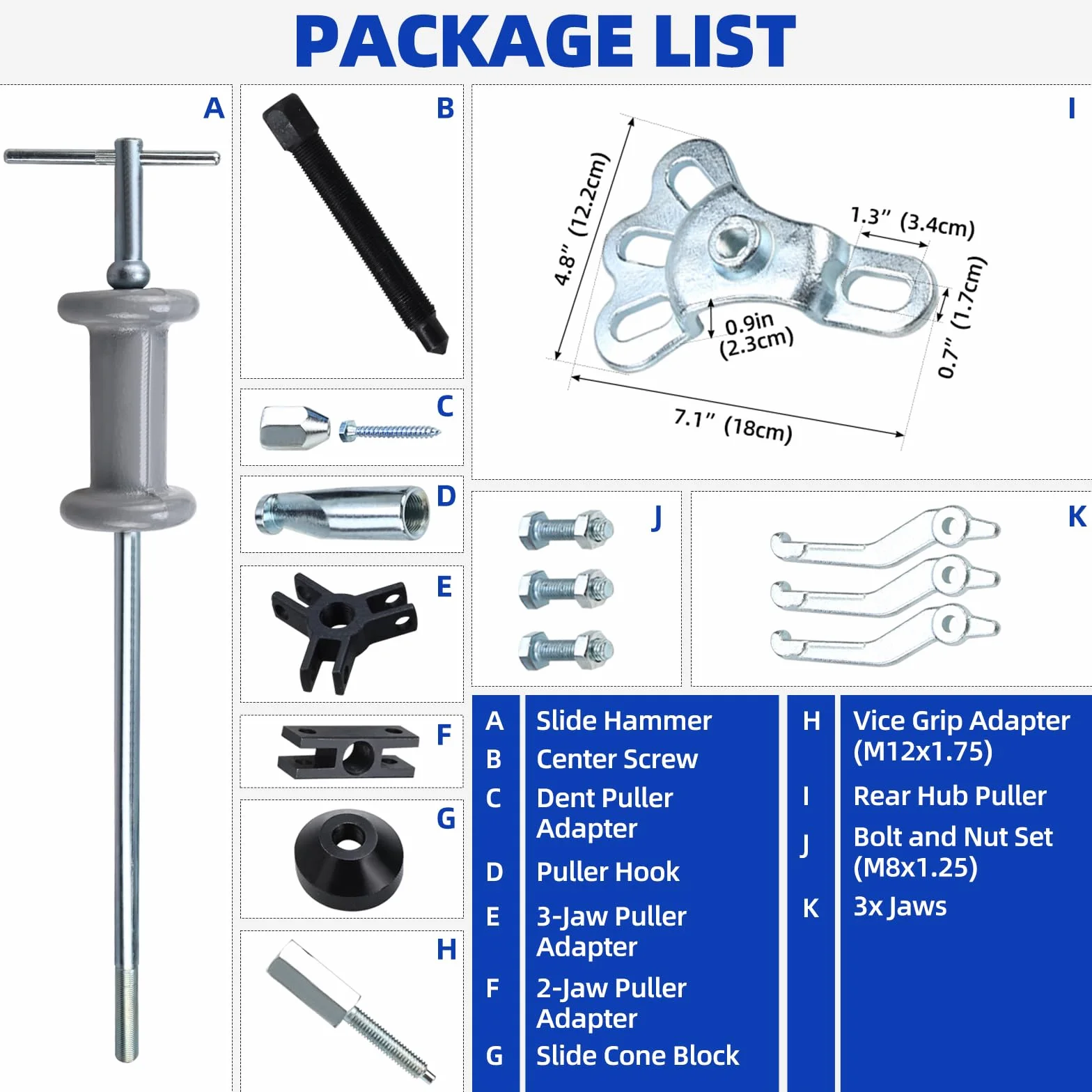 BOOMSTART Scorrevole Martello Dent Mozzo Estrattore Kit 16 Pezzi 2/3 Mascella Esterna Interna Auto Camion