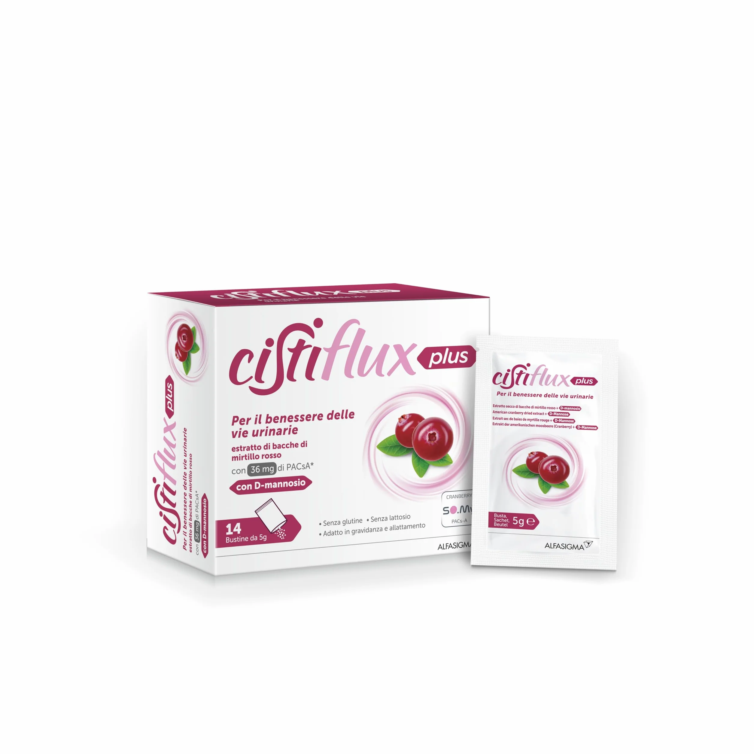 Cistiflux Plus Integratore Mirtillo Rosso Cranberry Americano D-Mannosio Vie Urinarie 14 Bustine Gusto Frutti di Bosco
