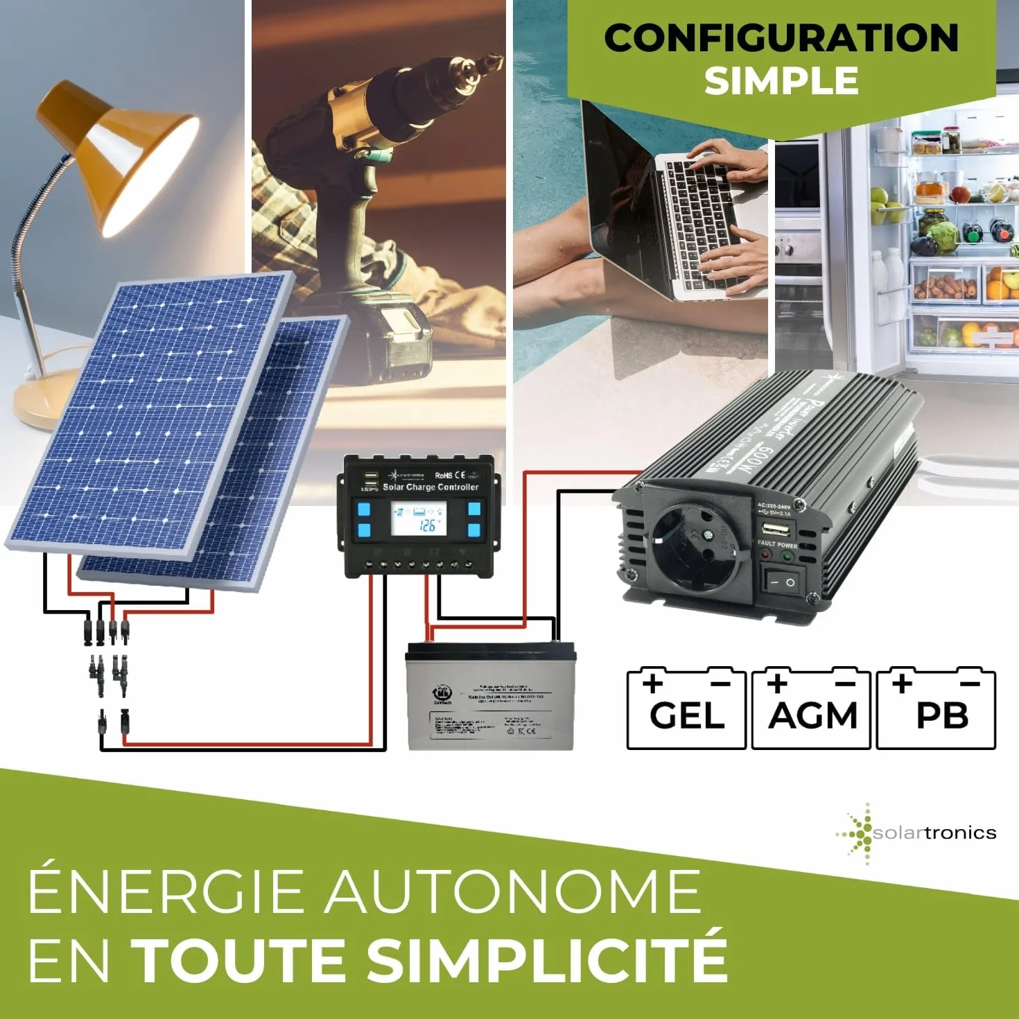 SOLARTRONICS Trasformatore di tensione NM600, 12 V, 600 W, 1200 Watt, inverter da 12 V a 230 V, compatibile con batteria LiFePO4