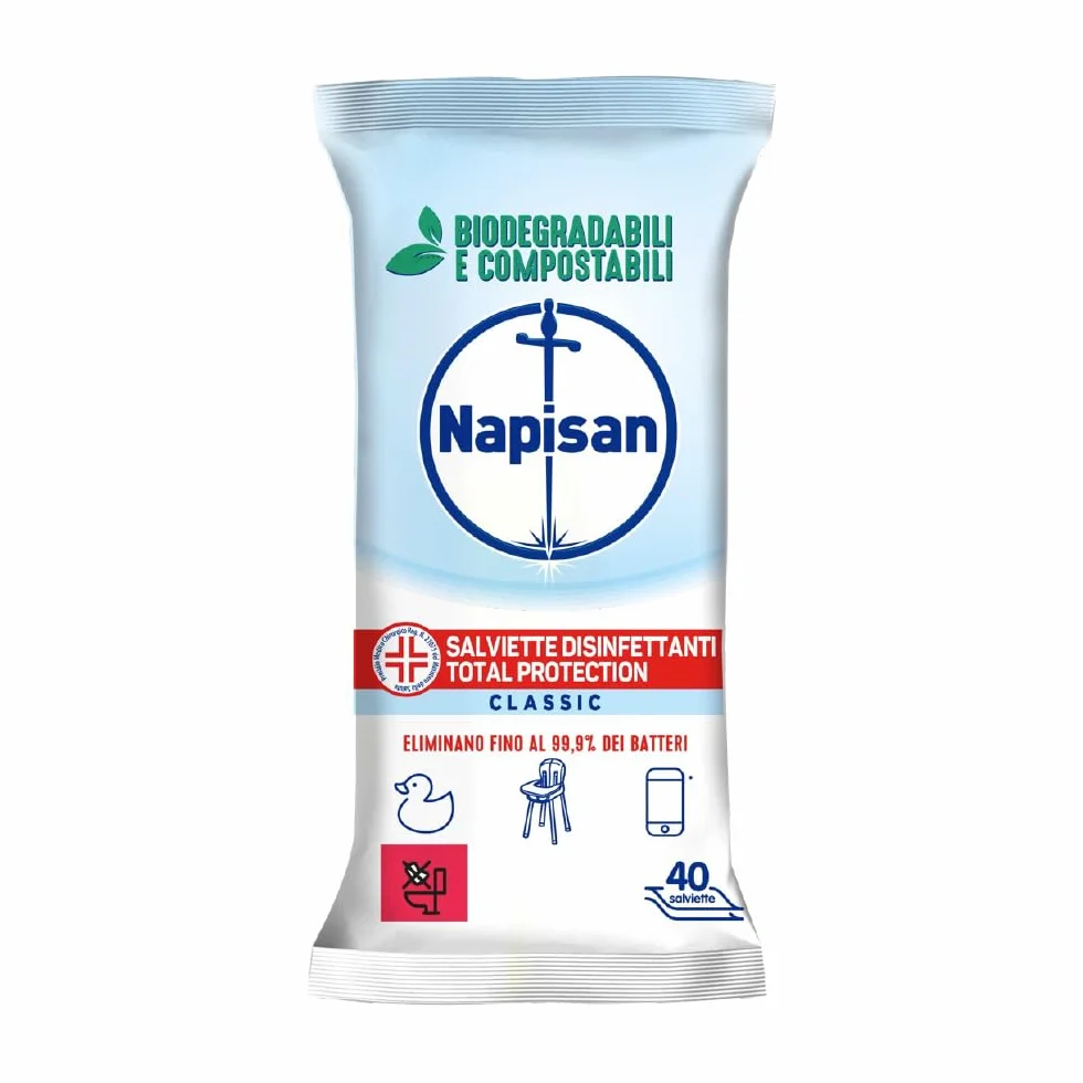 Napisan Salviette Disinfettanti Total Protectio, 40 Pezzi Multisuperfici Biodegradabili